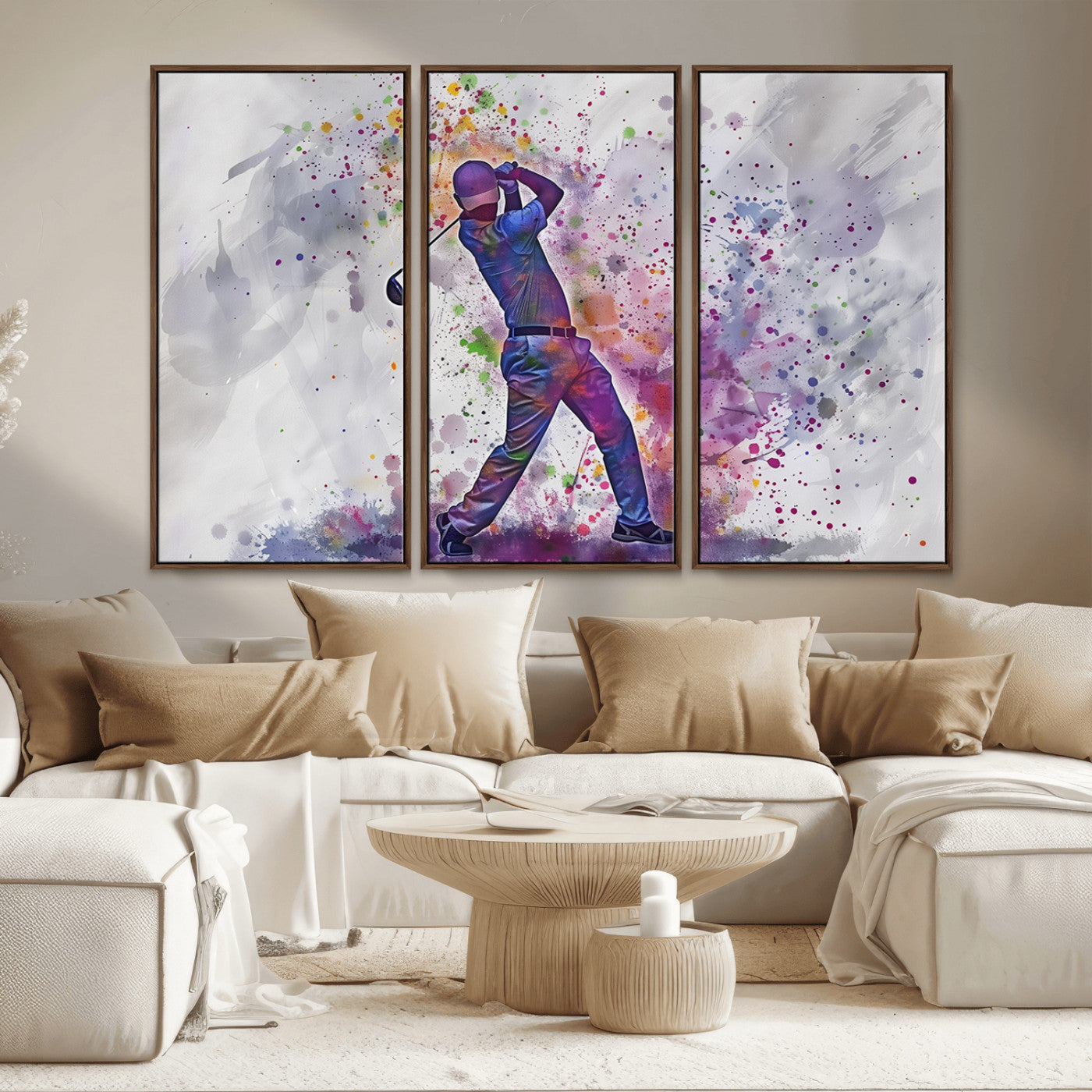 MGV-FC-48X32-3P - Watercolor Golf Swing Wall Art Canvas Print | Vibrant Abstract Golf Player Silhouette |