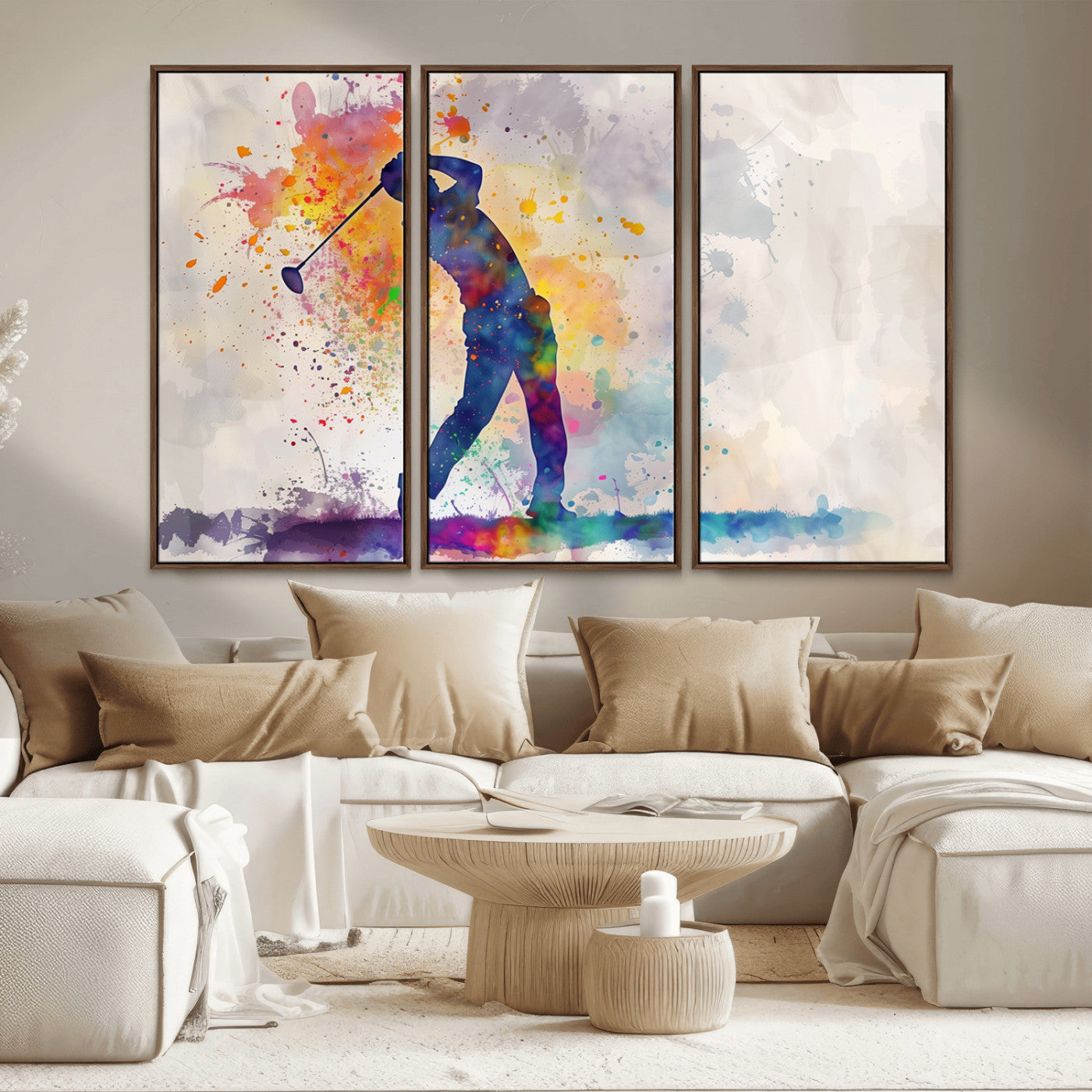 MGV-FC-48X32-3P - Watercolor Golf Swing Wall Art Canvas Print | Vibrant Abstract Golf Player Silhouette |