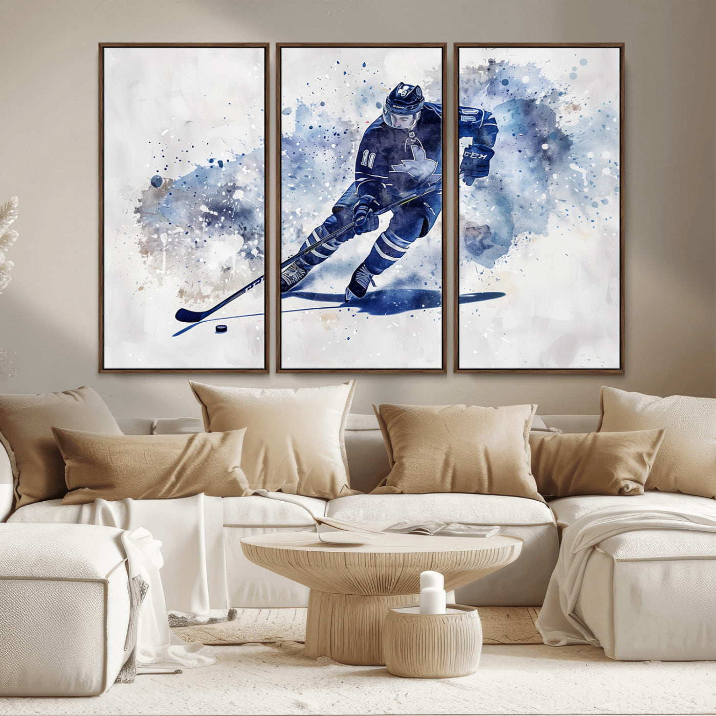 MGV-FC-48X32-3P - Hockey Player Wall Art Canvas Print - Sports-Inspired Watercolor Decor - Ready to Hang