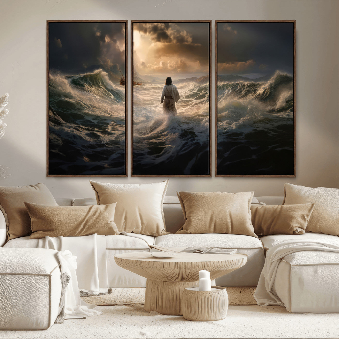 MGV-FC-48X32-3P - Jesus Walking on Water Wall Art Canvas Print - Religious Spiritual Decor - Jesus Wall Art Canvas
