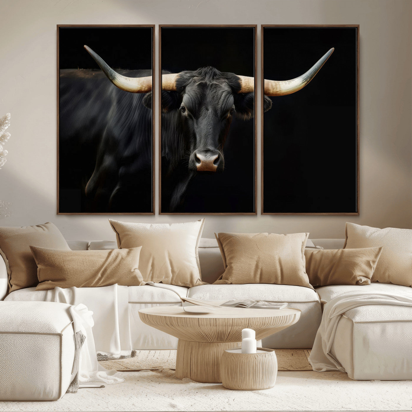 MGV-FC-48X32-3P - Texas Longhorn Cow | Majestic Black Bull Wall Art Canvas Print - Farmhouse Animal Decor - Ready to