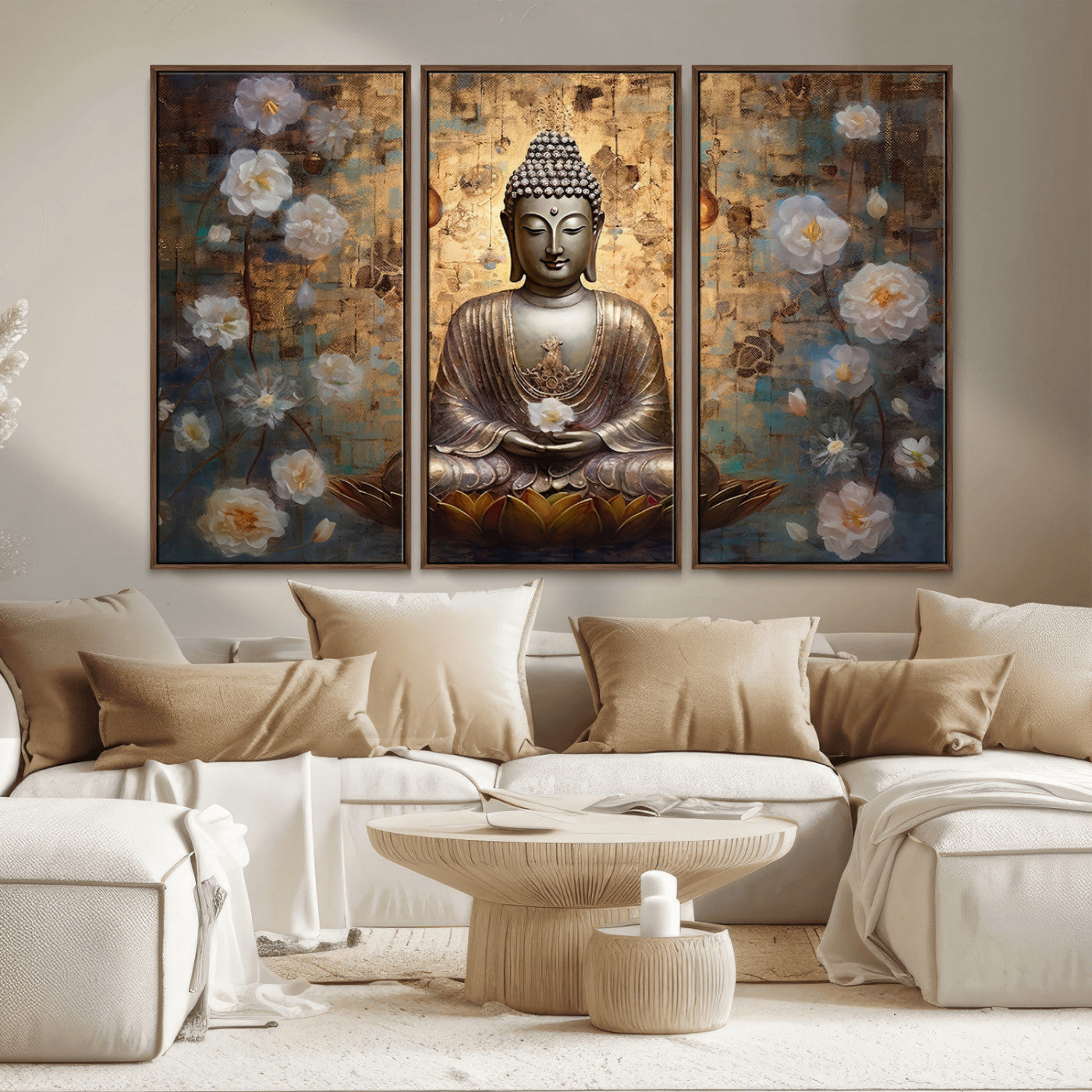 MGV-FC-48X32-3P - Golden Buddha Wall Art Canvas Print | Zen Meditation Floral Decor | Tranquil Spiritual Home Art |