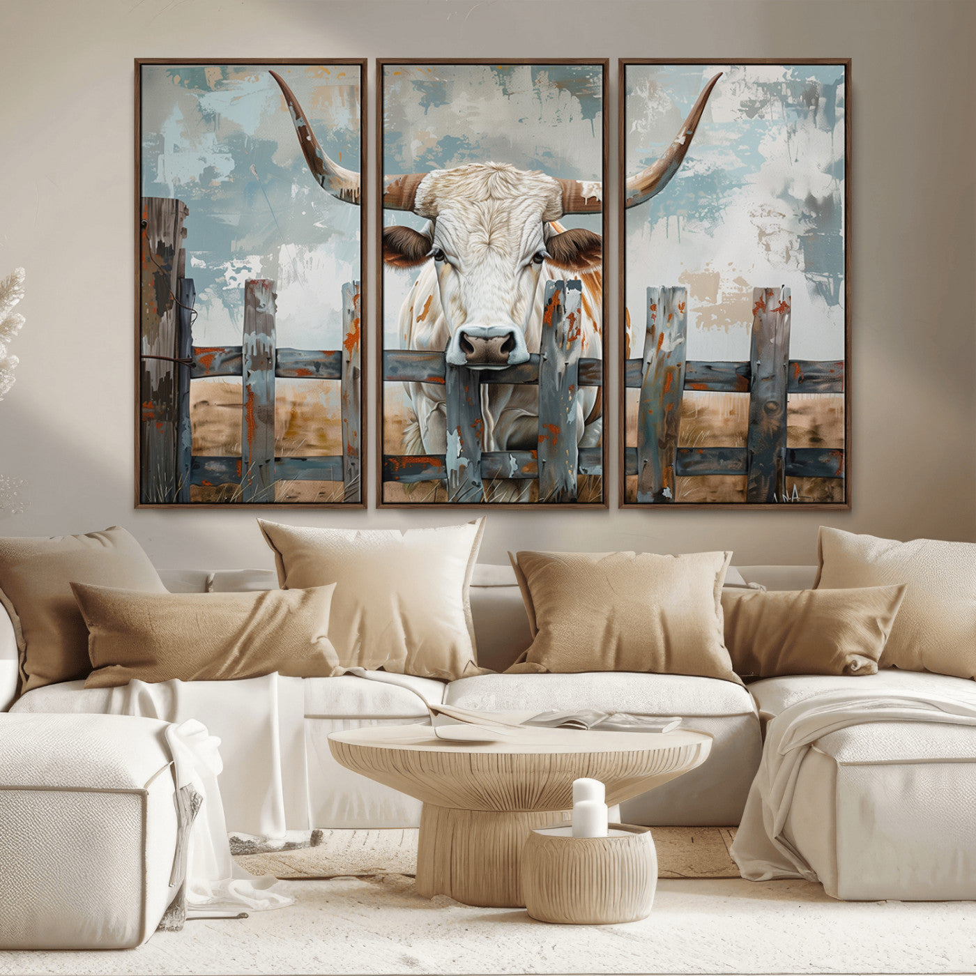 MGV-FC-48X32-3P - Vintage Cow Wall Art Canvas Print for Farmhouse Wall Decor Theme, Cattle Wall Art Print