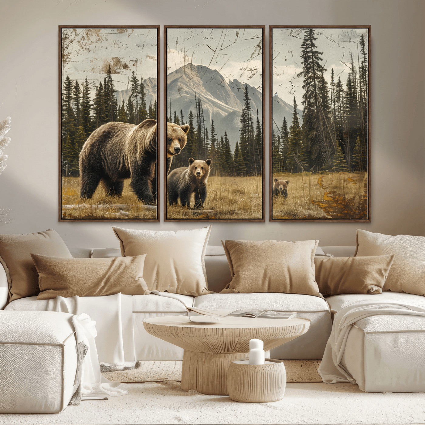 MGV-FC-48X32-3P - Rustic Grizzly 399 Bear Family Wall Art Canvas Print
