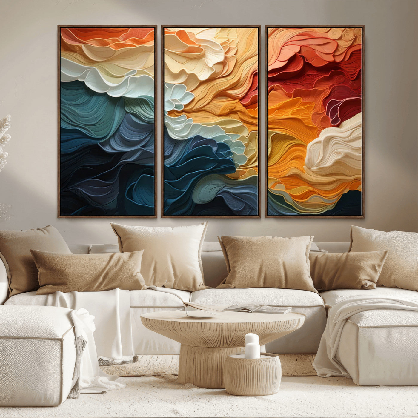 MGV-FC-48X32-3P - Blue Orange Abstract Wave Wall Art Canvas Print, Framed Blue Orange Wave Wall Art