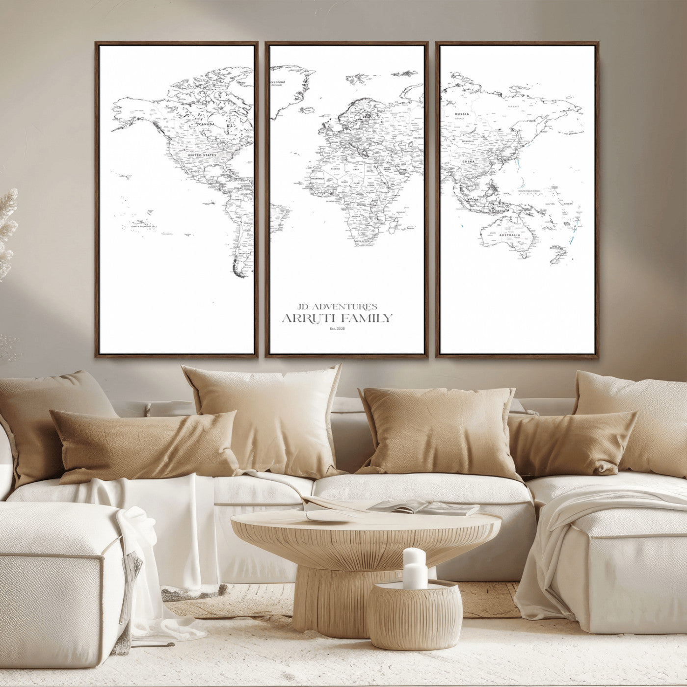 MGV-FC-48X32-3P - Custom World Map Wall Art – Personalized Framed Canvas Print with Push Pins for Travel Tracking,