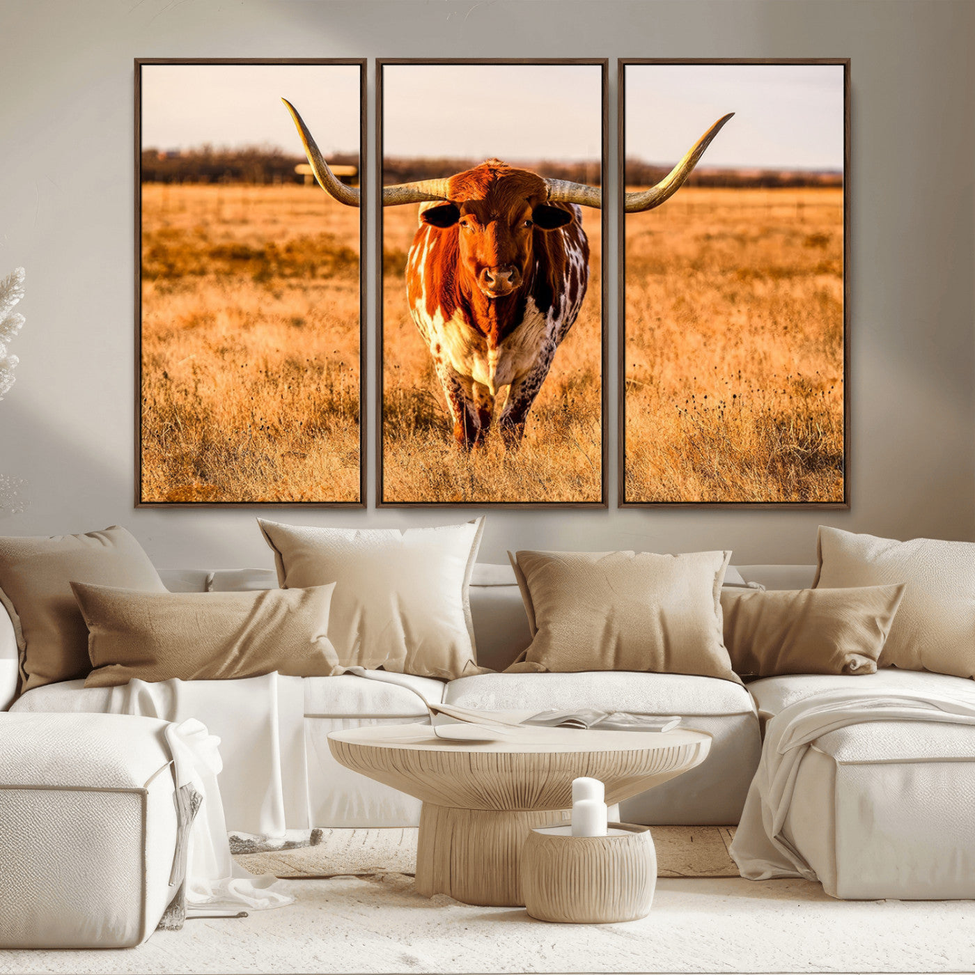 MGV-FC-48X32-3P - Longhorn Cow Wall Art | Ready to Hang Framed Canvas Print for Farmhouse and Barn Decor