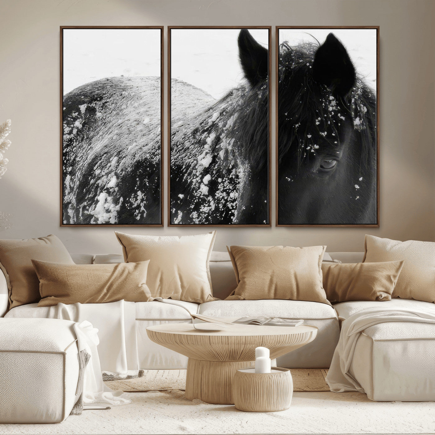 MGV-FC-48X32-3P - Black Horse in Snow Canvas Print | Winter Horse Wall Art | Ready to Hang and Framed | Farmhouse Wall