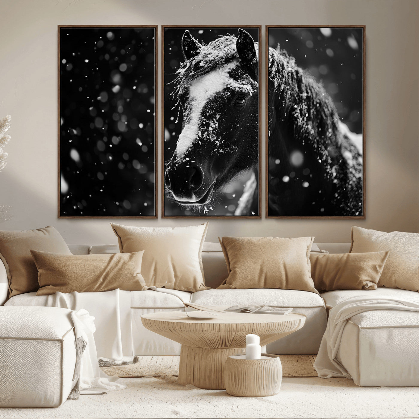 MGV-FC-48X32-3P - Winter Horse Wall Art | Black and White Horse Print | Ready to Hang and Framed | Farmhouse Wall Art