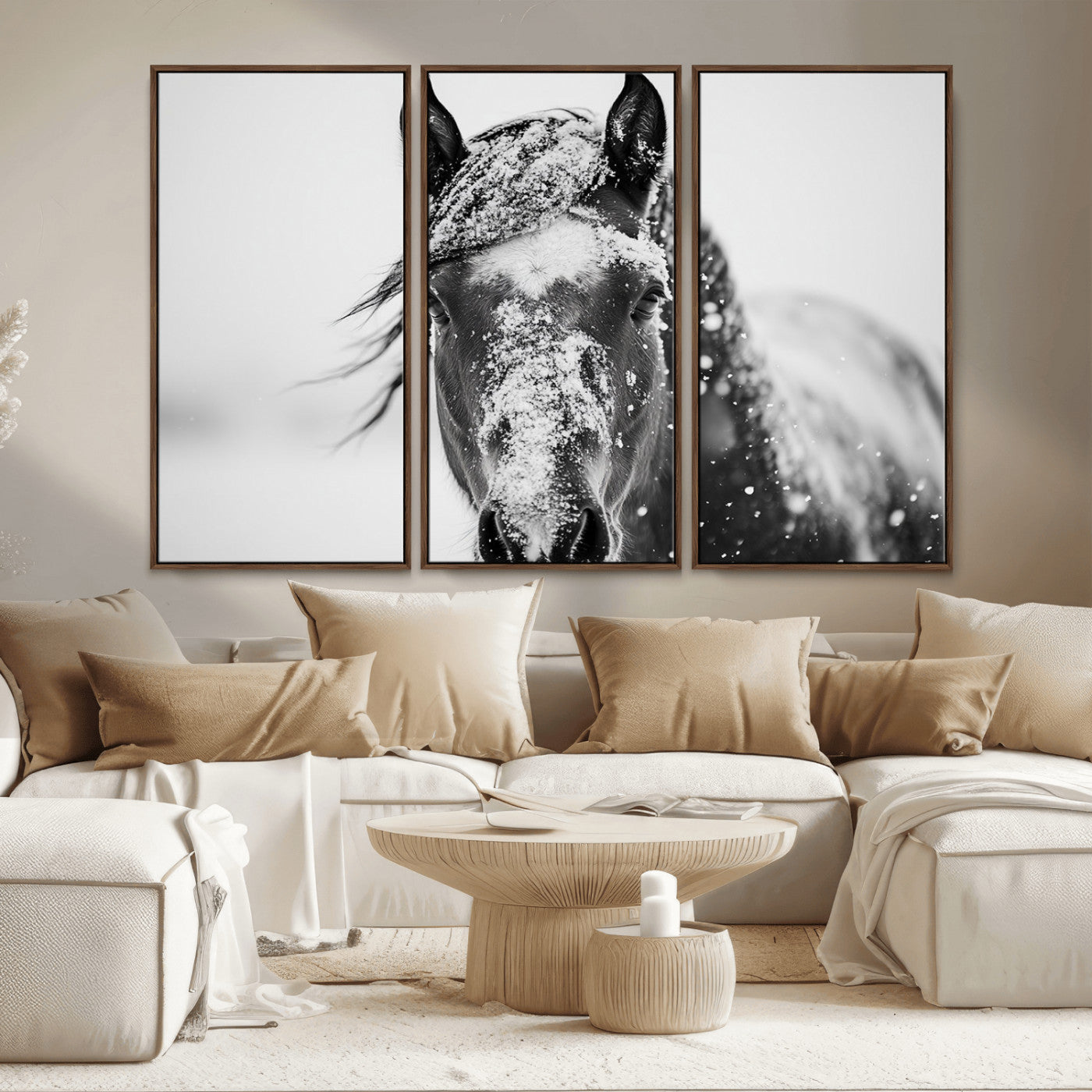 MGV-FC-48X32-3P - Western Wall Art | Black and White Winter Horse Wall Art | Ready to Hang and Framed | Farmhouse and