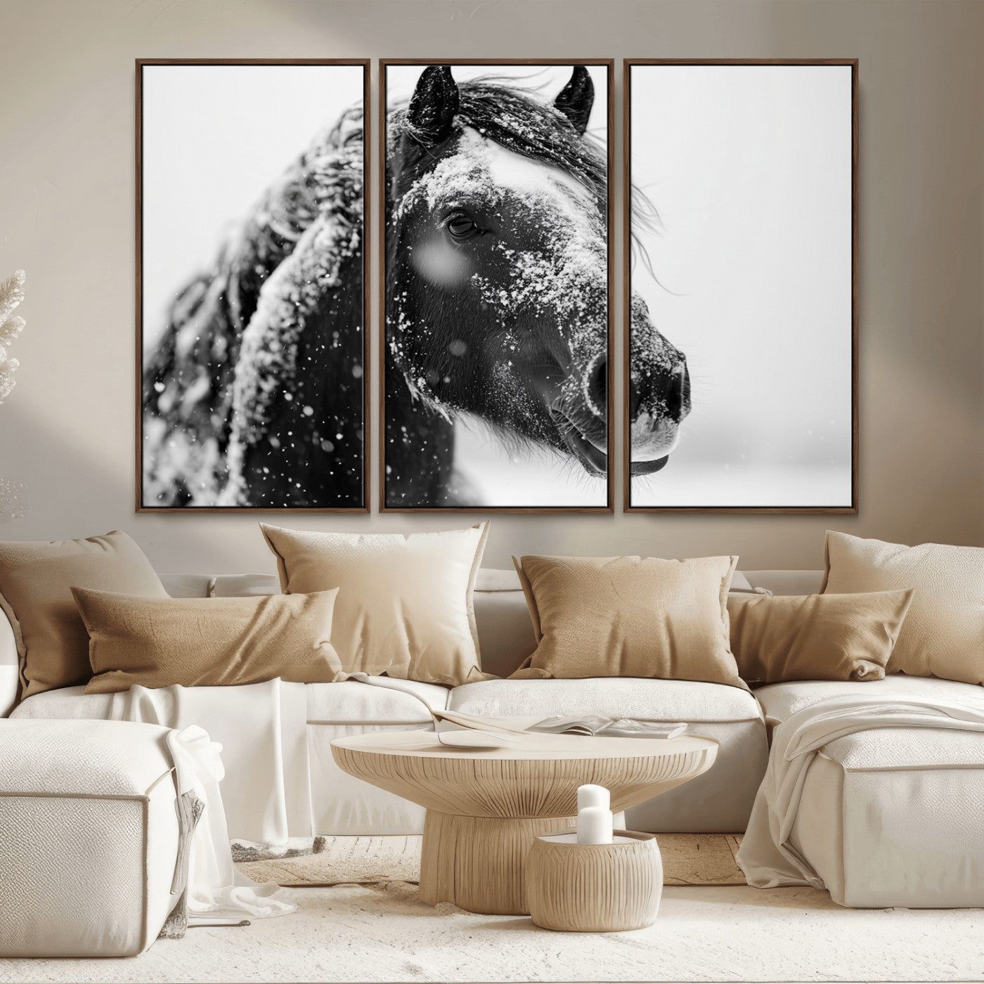 MGV-FC-48X32-3P - Winter Horse Canvas Print | Large 3-Panel Black White Equine Photography for Rustic Farmhouse Wall