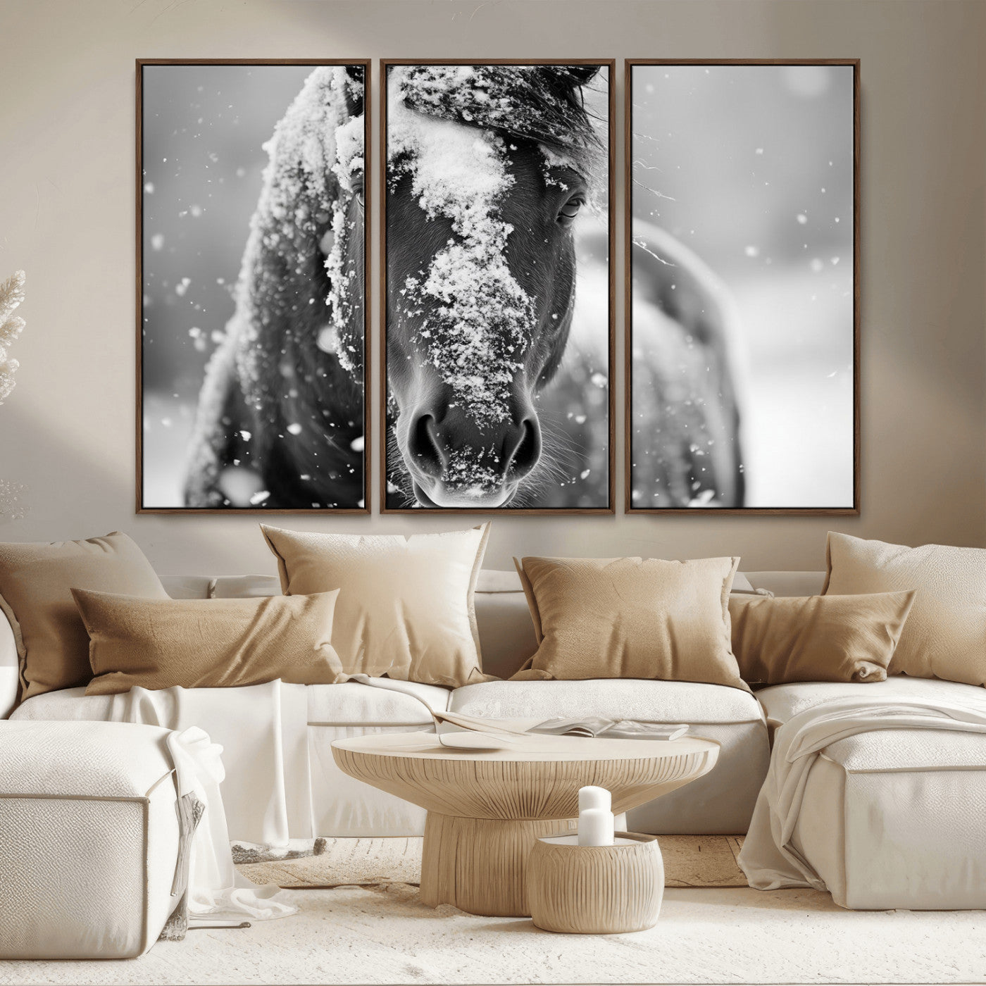 MGV-FC-48X32-3P - Black and White Horse Winter Wall Art | Ready to Hang and Framed | Farmhouse Wall Decor | Western