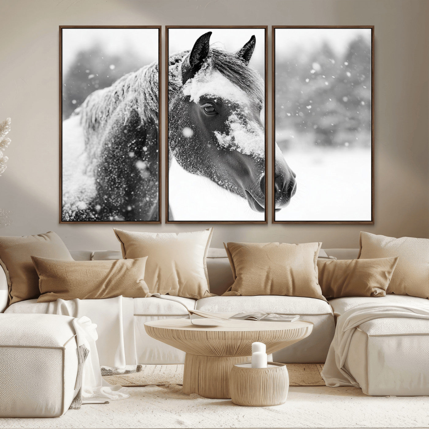 MGV-FC-48X32-3P - Black Horse Winter Wall Art | Ready to Hang and Framed | Farmhouse and Western Wall Decor for Living