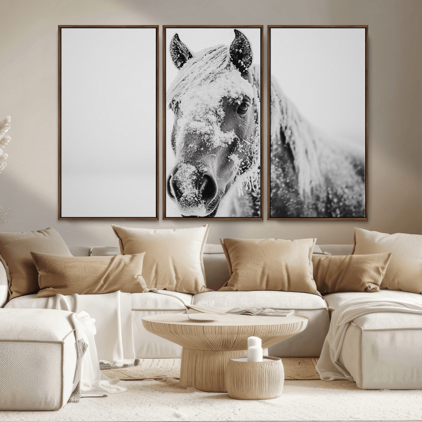MGV-FC-48X32-3P - White Horse Wall Art | Ready to Hang and Framed | Winter Horse Wall Art Print for Farmhouse and