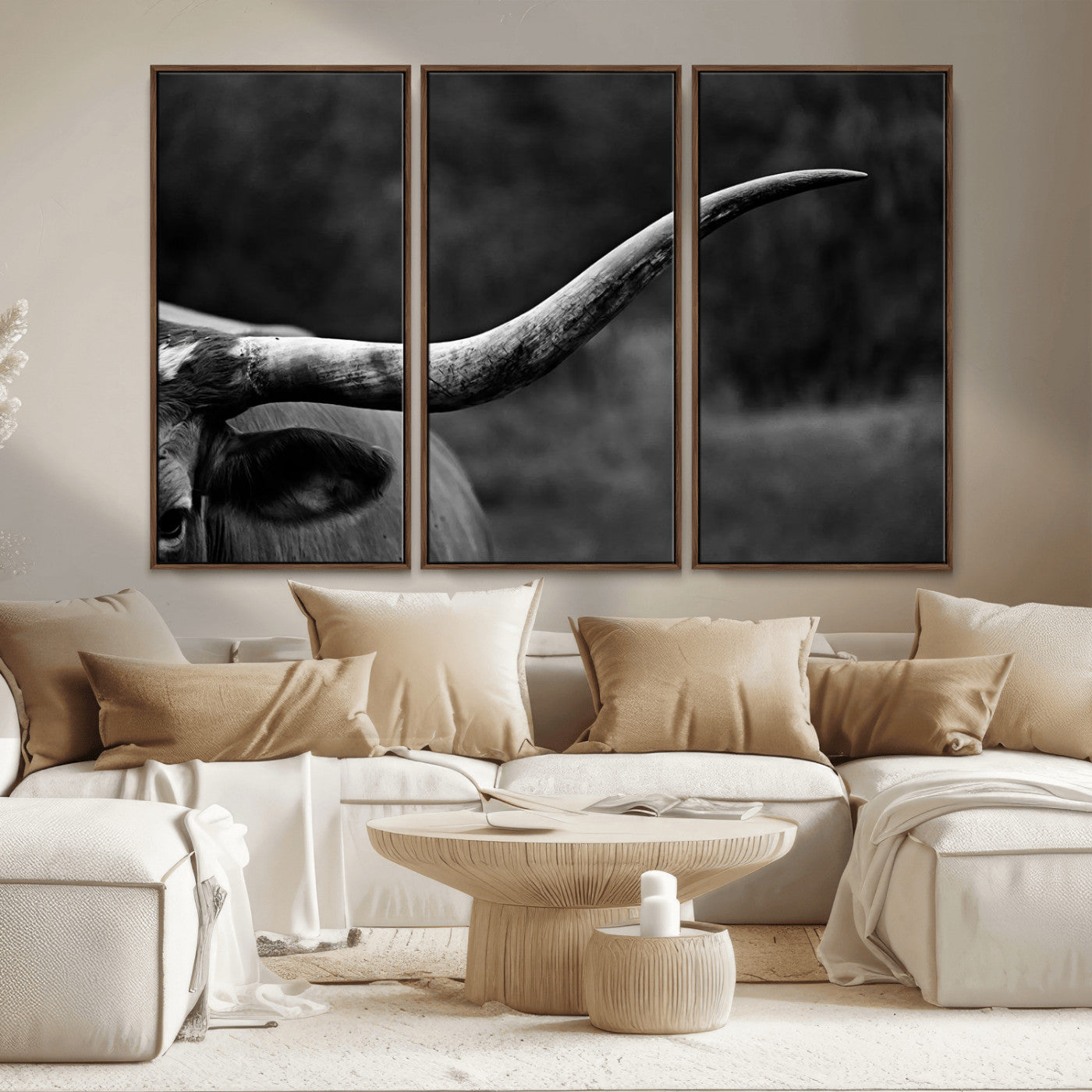 MGV-FC-48X32-3P - Cow Longhorn Wall Art | Black and White Print | Ready to Hang and Framed | Farmhouse Wall Decor |