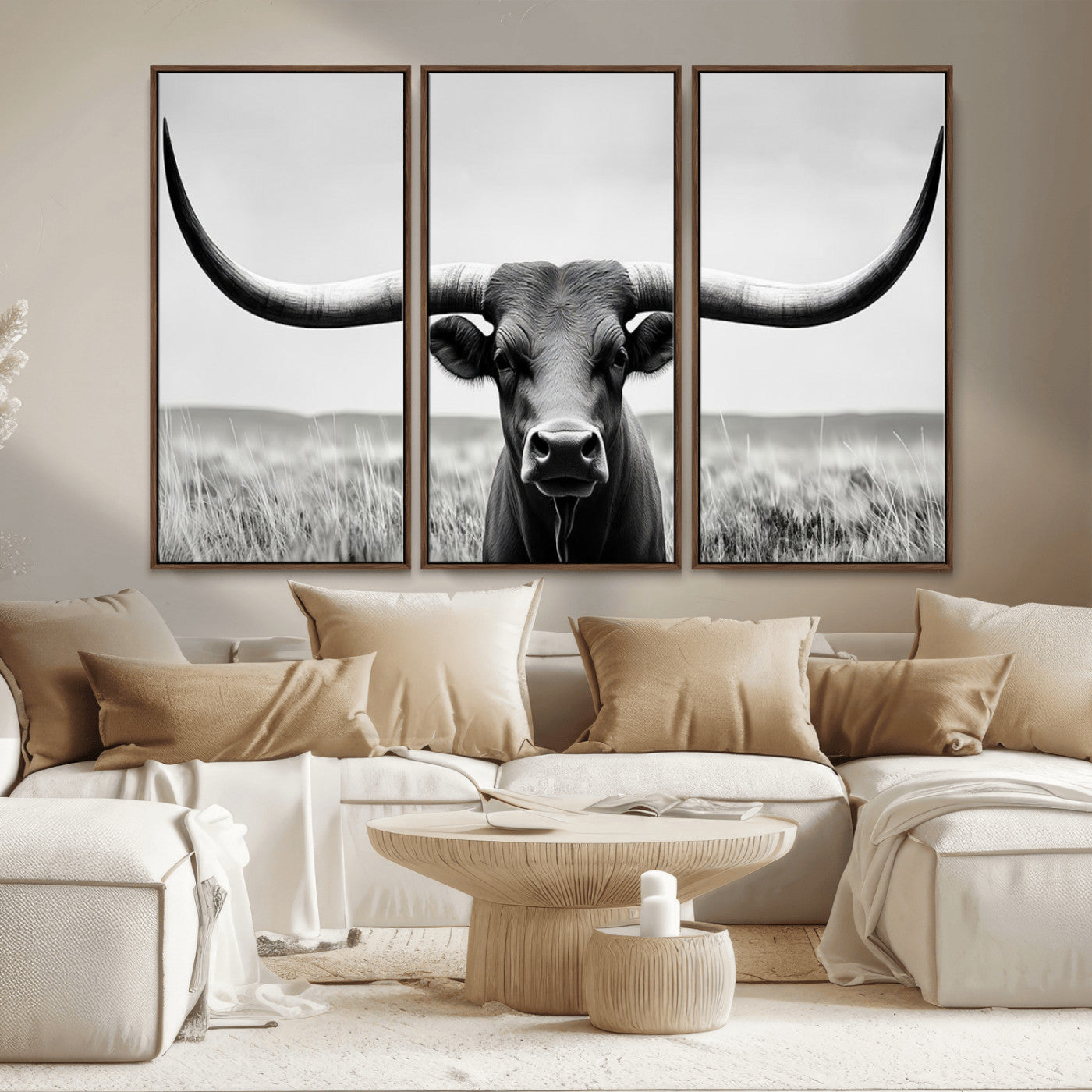 -Longhorn Bull Canvas Print | Rustic Farmhouse Wall Art | Western Decor | Ready to Hang and Framed