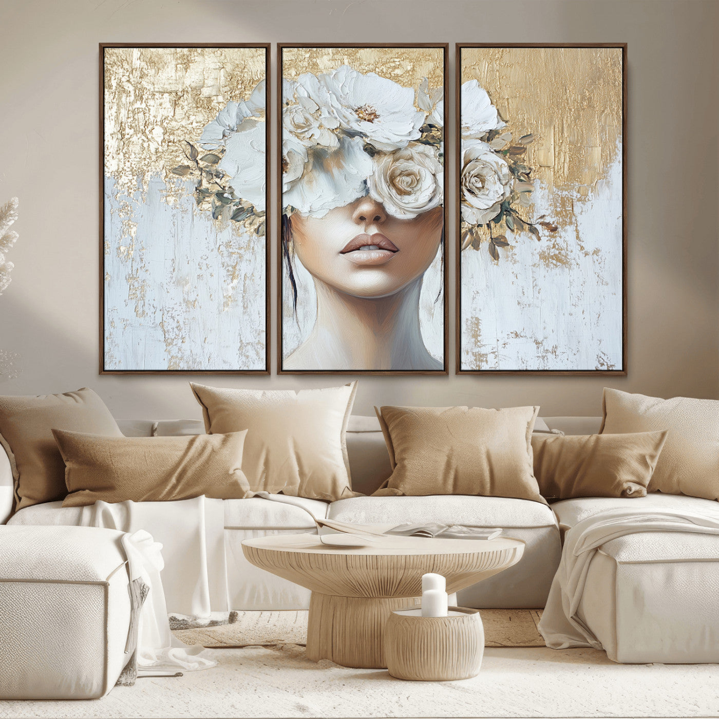 MGV-FC-48X32-3P - Golden Petal Wall Art - Canvas Print Flower Head Woman Painting Floral Woman Portrait Wall Decor,