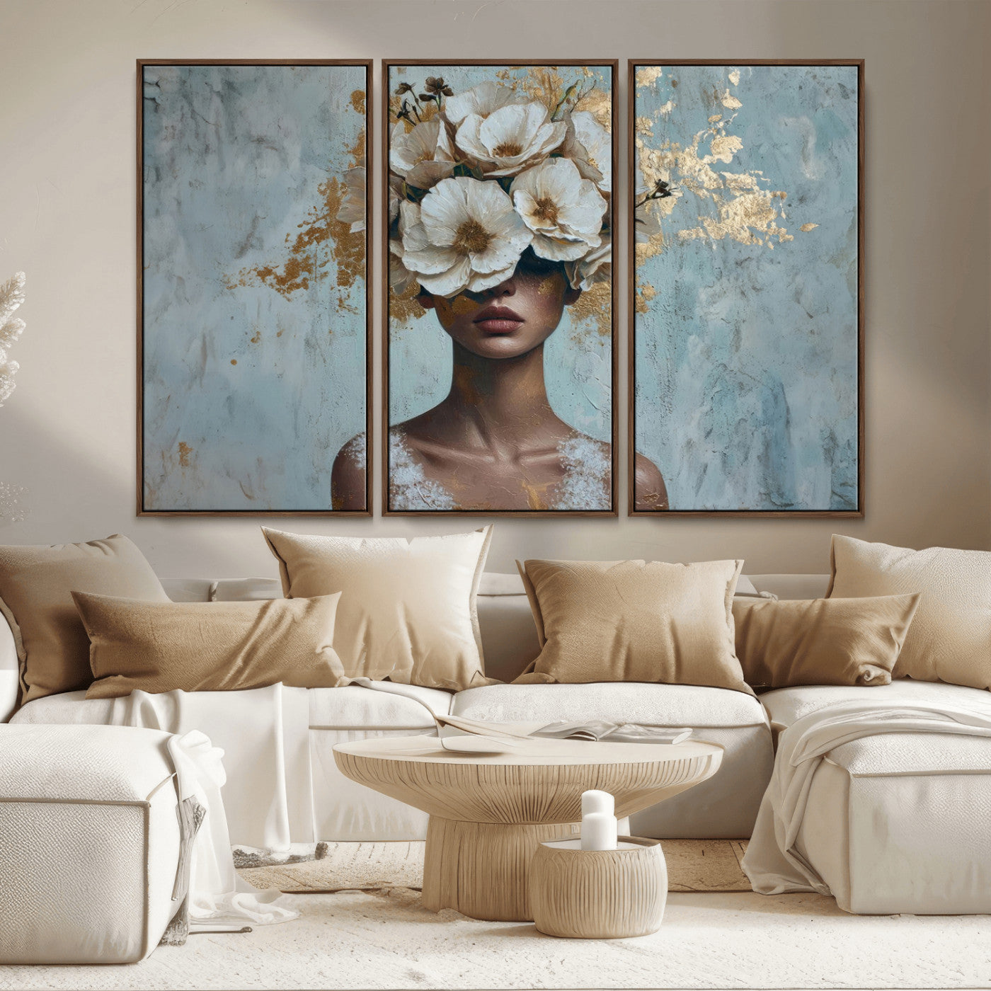 MGV-FC-48X32-3P - Golden Petal Wall Art - Petal Silhouette Woman Wall Art Canvas Print | Large 3-Panel Canvas with