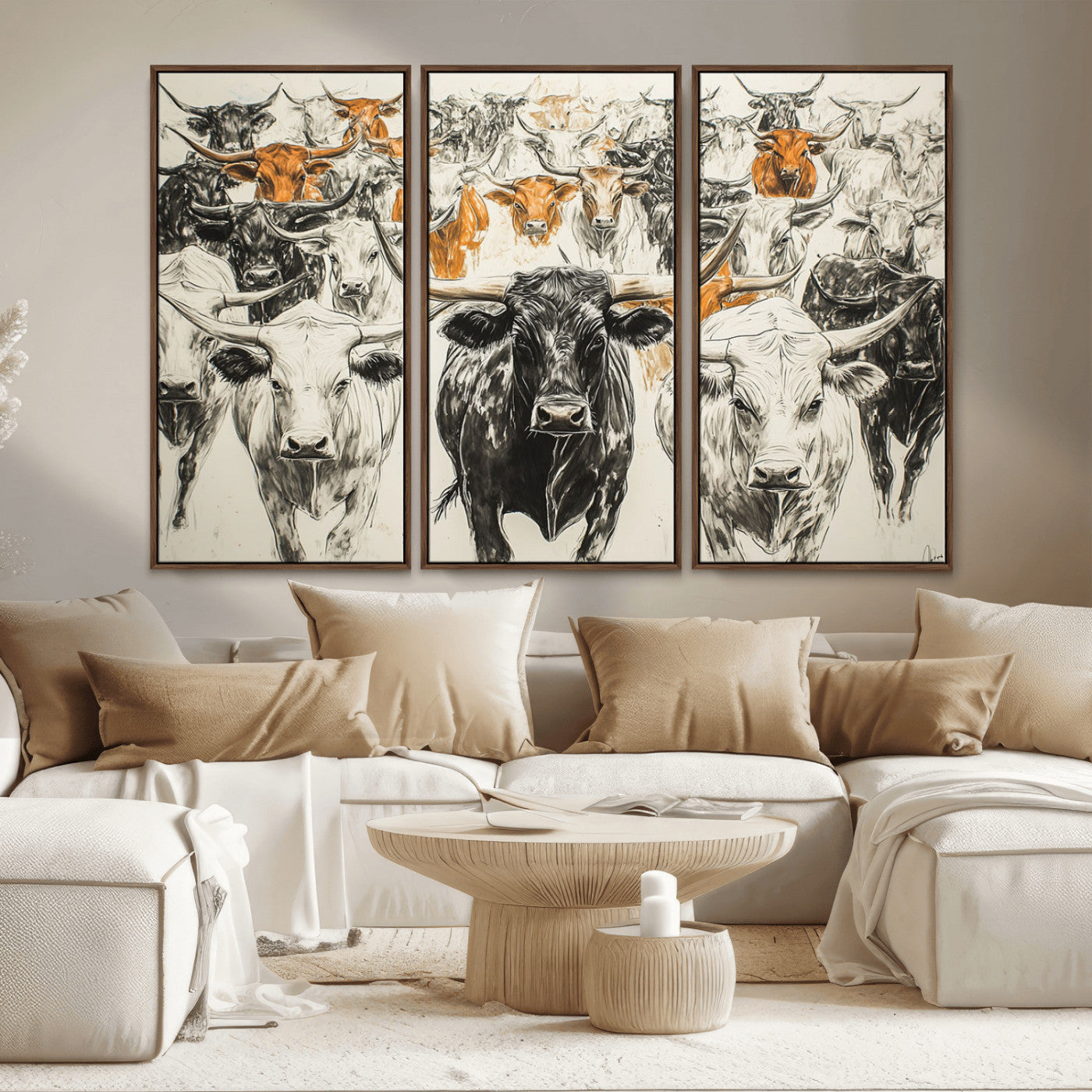 MGV-FC-48X32-3P - Texas Longhorn Wall Art - Herd Canvas Wall Art Print - Abstract Cow Drawing Wall Art Print for