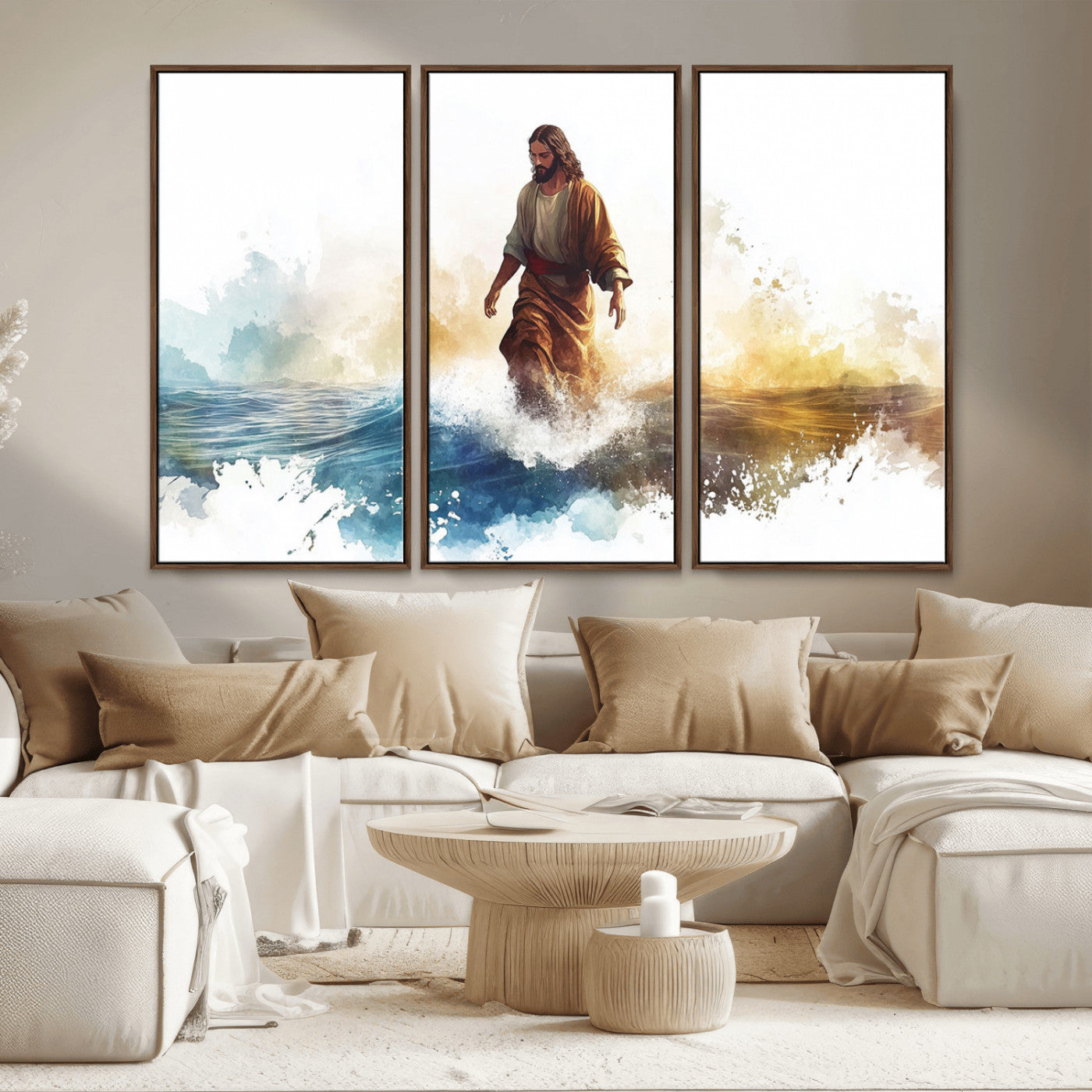 MGV-FC-48X32-3P - Watercolor Jesus Walking Wall Art Print, Jesus Water Canvas Print, Christian Wall Art, Jesus Christ