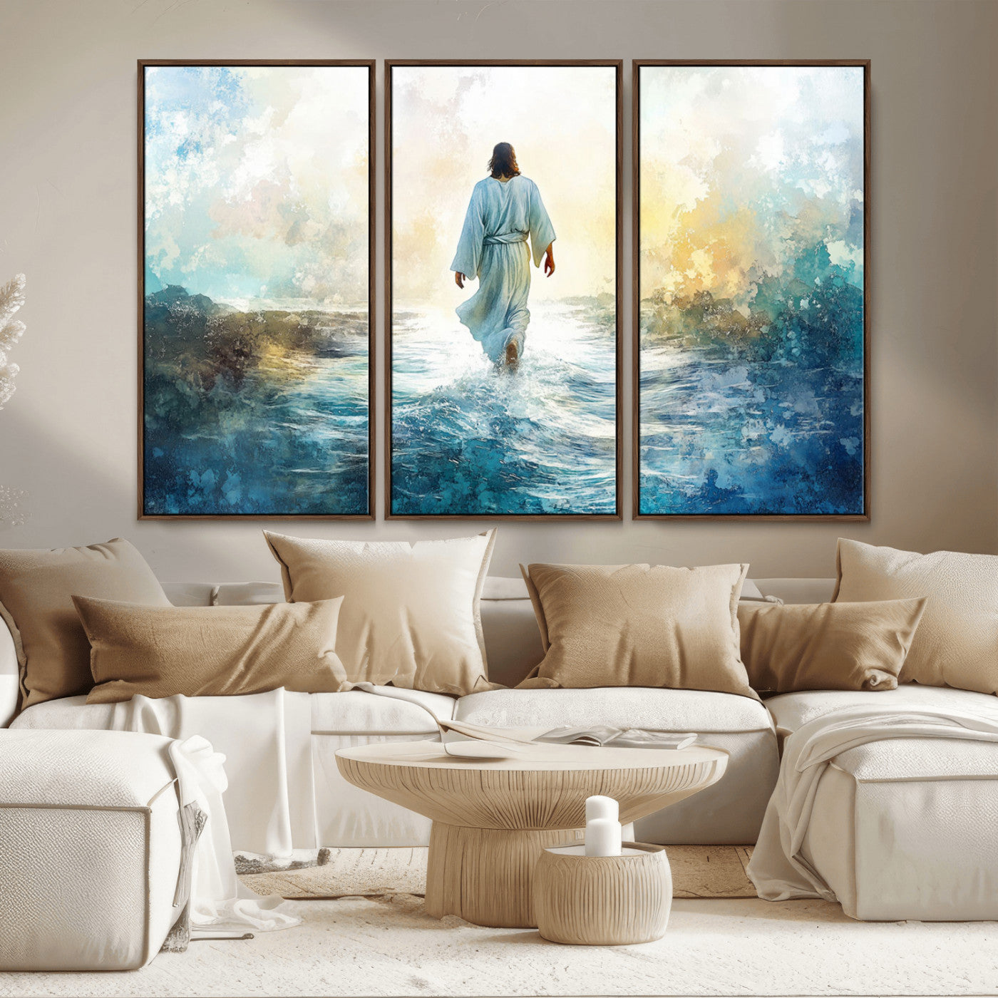 MGV-FC-48X32-3P - Watercolor Jesus Walking on Water Canvas Print, Christian Wall Art, Jesus Christ Walking