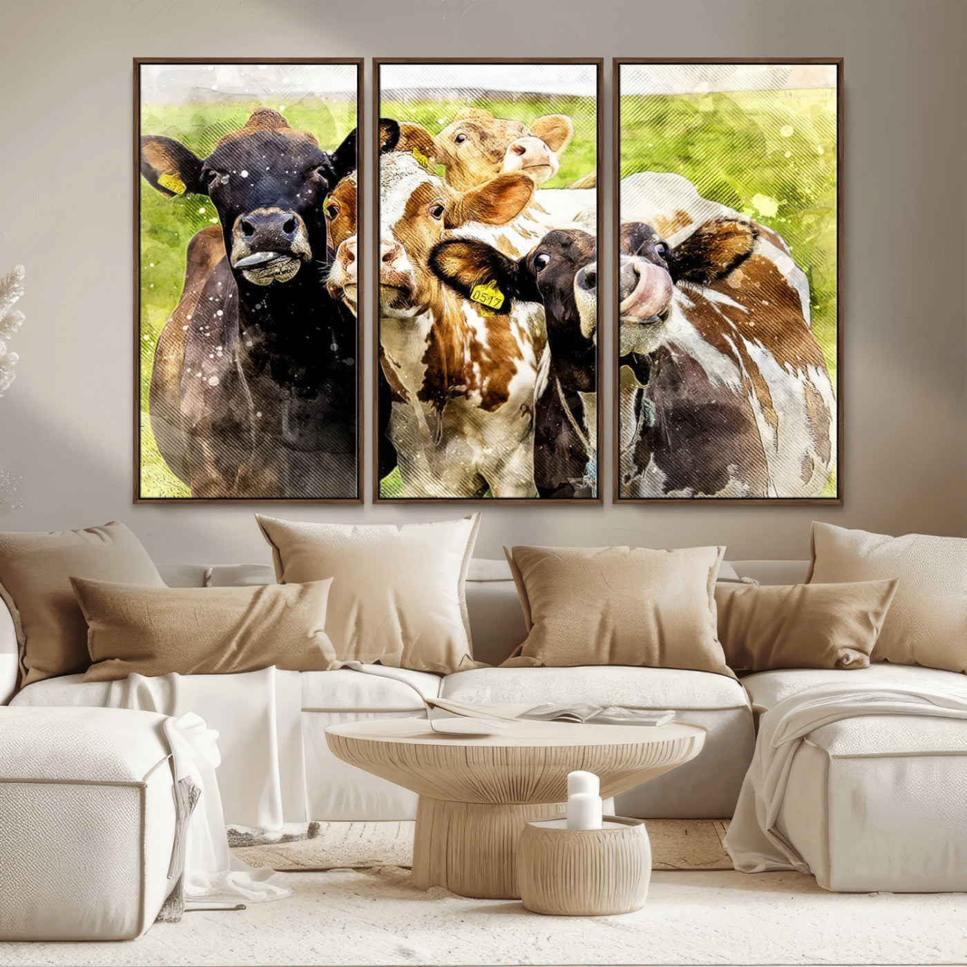 MGV-FC-48X32-3P - Curious Cows Farmhouse Wall Art | Ready to Hang and Framed Canvas Print | Rustic Farm Decor