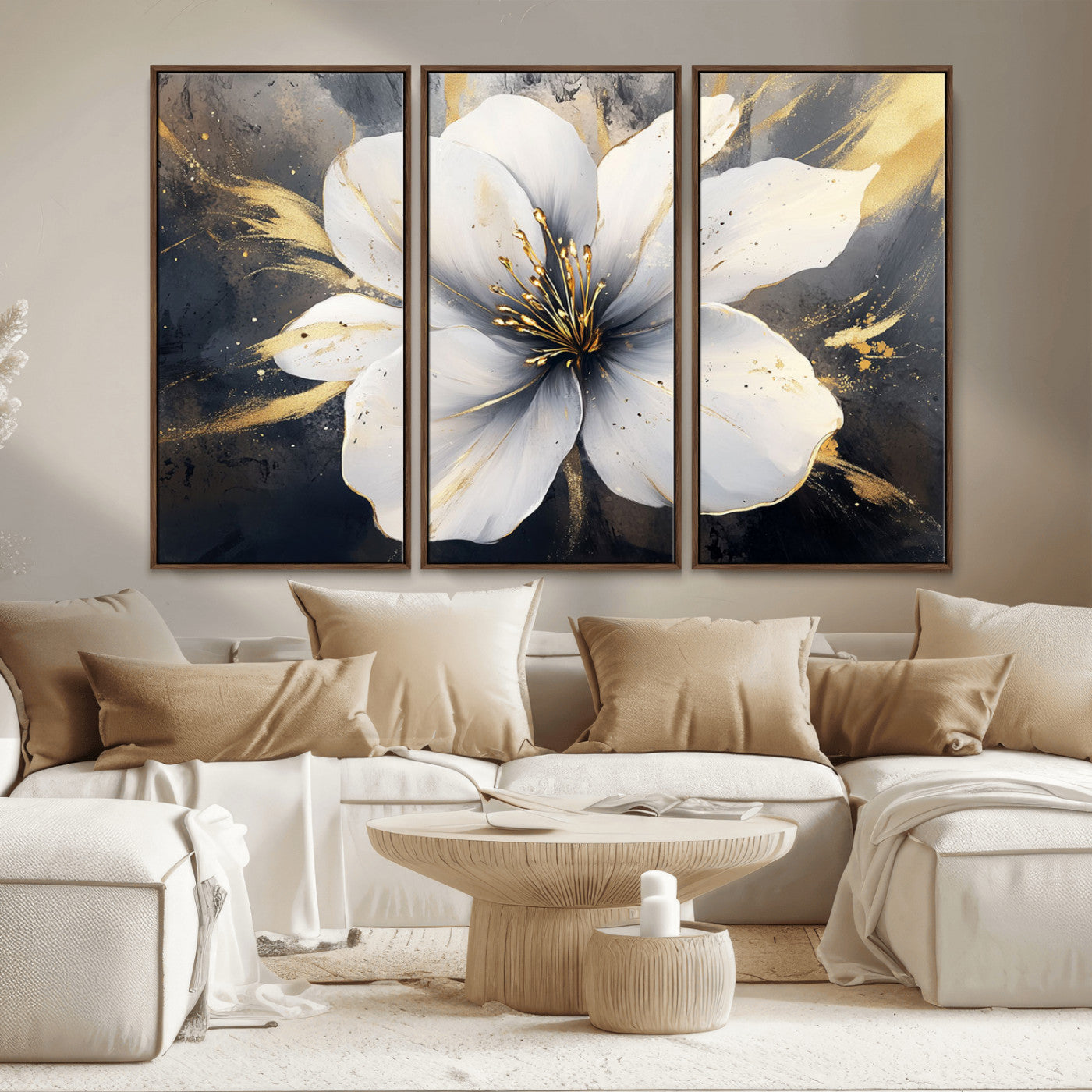 MGV-FC-48X32-3P - White Flower Wall Art Canvas Print | Ready to Hang | Abstract Floral Wall Decor | Elegant Bloom