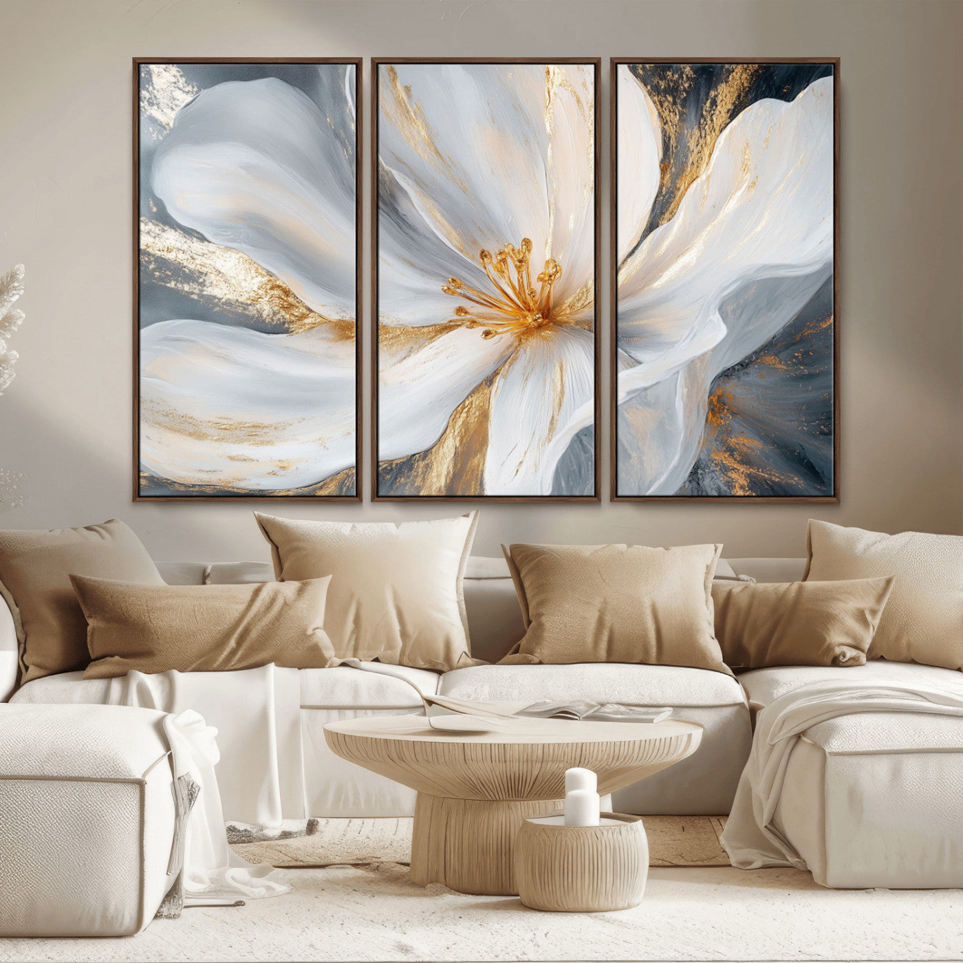 MGV-FC-48X32-3P - White and Gold Floral Canvas Wall Art - Framed and Ready to Hang - Perfect for Modern Living Rooms
