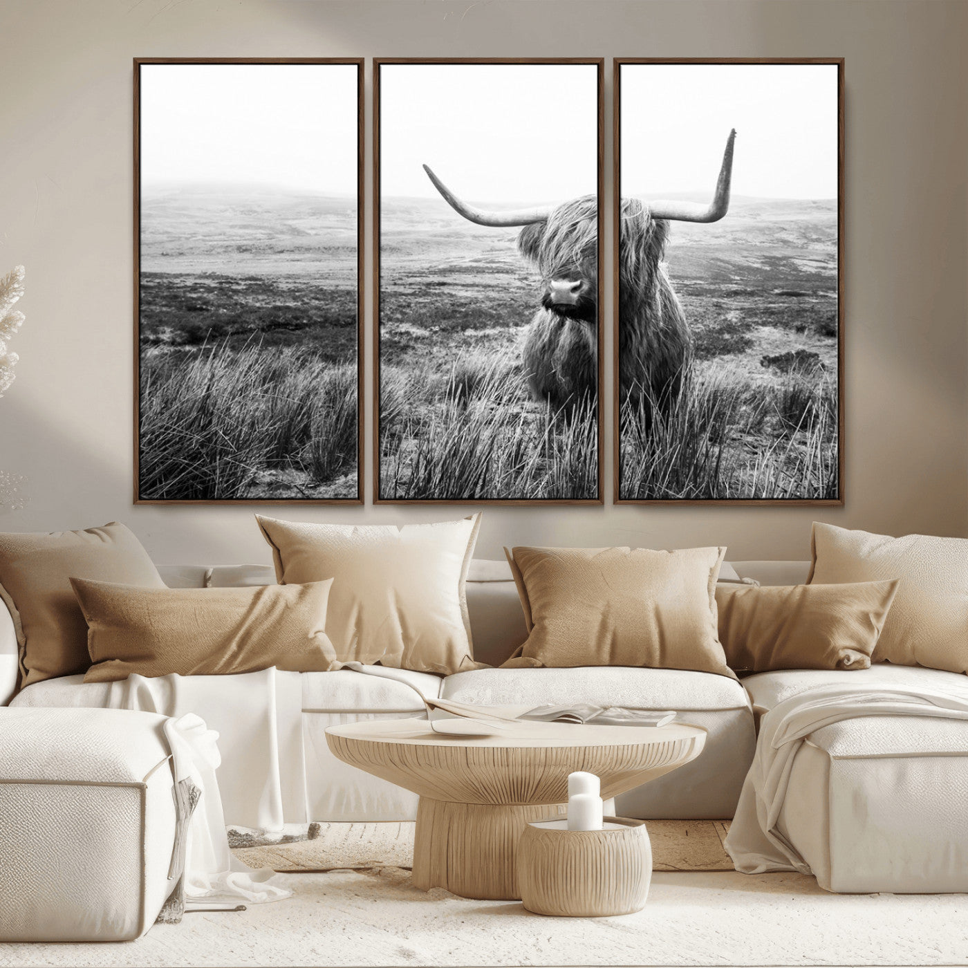 MGV-FC-48X32-3P - Scottish Highland Cow Wall Art | Black and White Canvas Print | Ready to Hang and Framed | Rustic