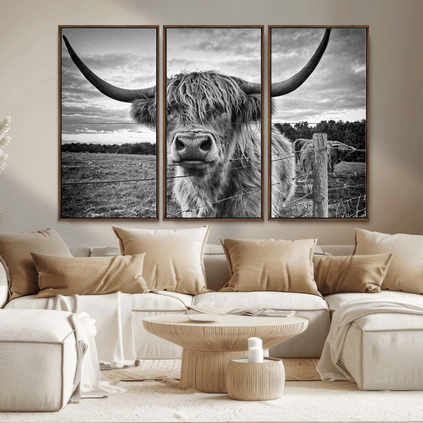 MGV-FC-48X32-3P - Scottish Highland Cow Wall Art Canvas Print | Ready to Hang and Framed | Rustic Farmhouse Decor