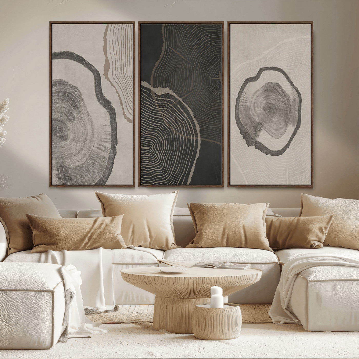 MGV-FC-48X32-3P - Minimalist Tree Rings Wall Art | Modern Abstract Canvas Print Set | Ready to Hang and Framed |