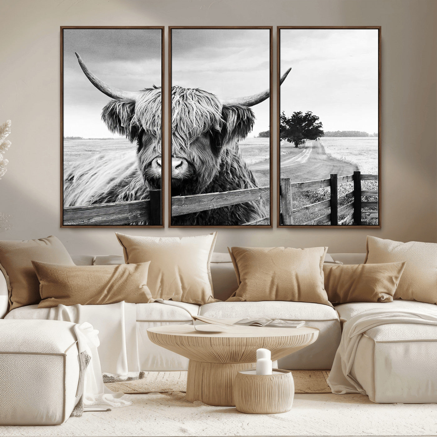 MGV-FC-48X32-3P - Scottish Highland Cow Wall Art | Rustic Farmhouse Décor | Black and White Ready to Hang Canvas Print
