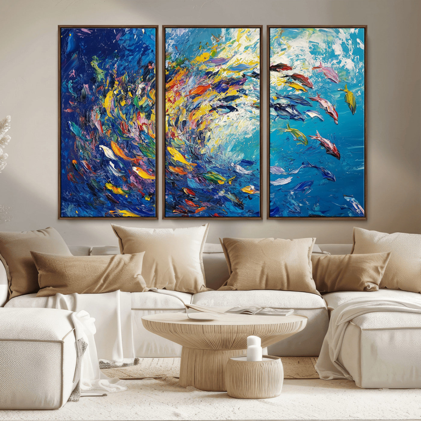 MGV-FC-48X32-3P - Colorful Swirling Fish School Wall Art Canvas Print | Oceanic Abstract Painting | Ready to Hang |