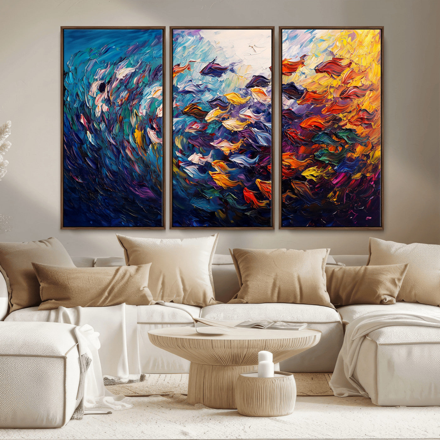 MGV-FC-48X32-3P - Vibrant Abstract Fish Swarm Art – Colorful Fish Inspired 3-Piece Canvas Wall Art for Living Room or