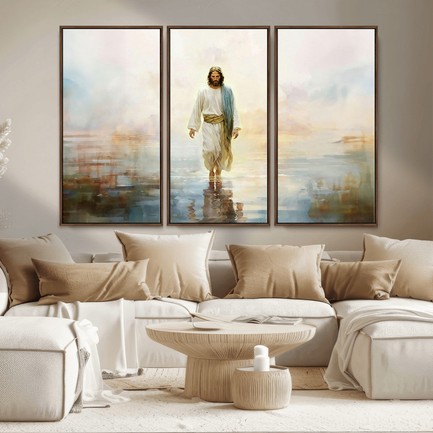 MGV-FC-48X32-3P - Framed Jesus Walking on Water Wall Art - 3-Panel Christian Canvas Prints, Religious Artwork for