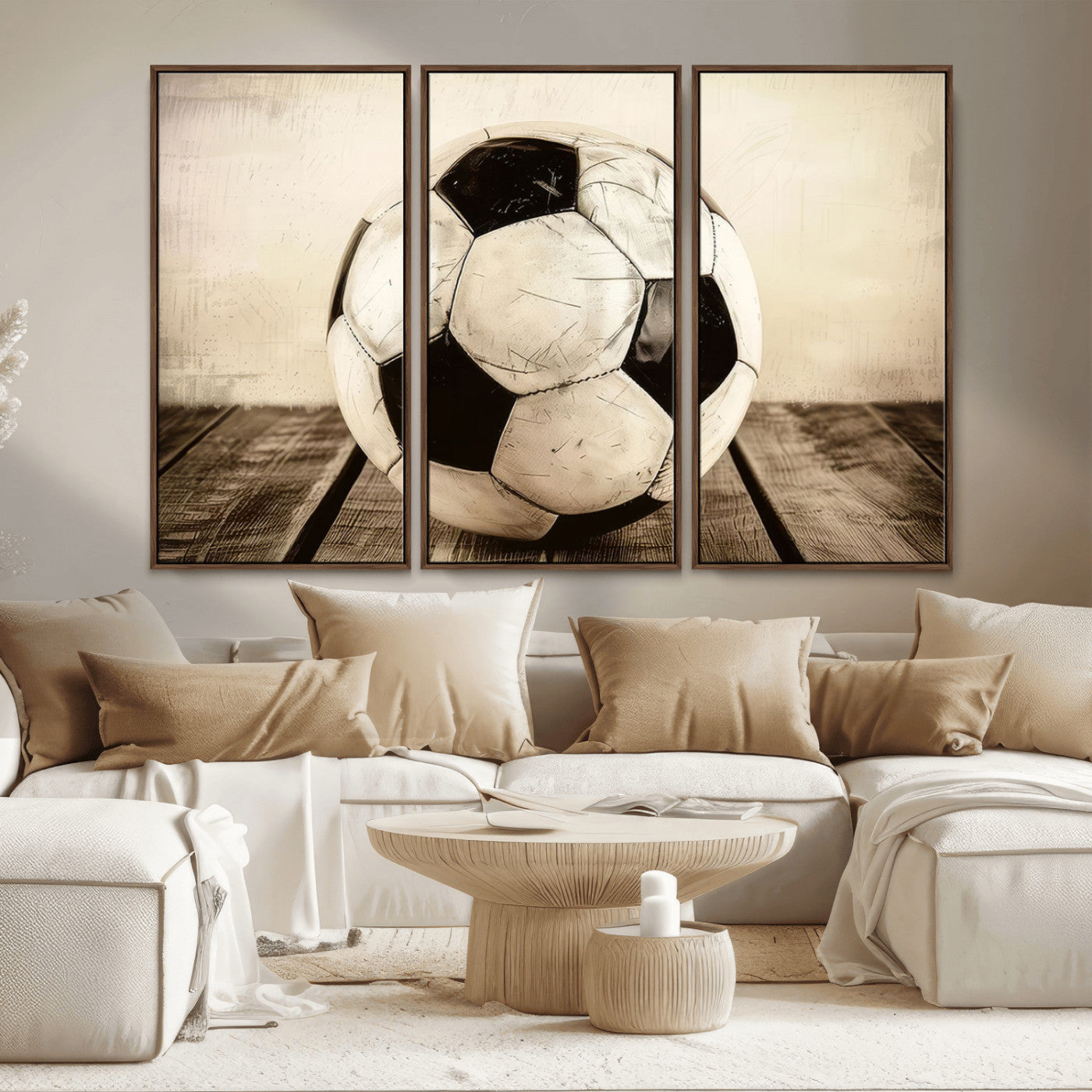 MGV-FC-48X32-3P - Vintage Soccer Ball Wall Decor Canvas Art – 3-Panel Soccer Wall Decor, Framed and Ready to Hang