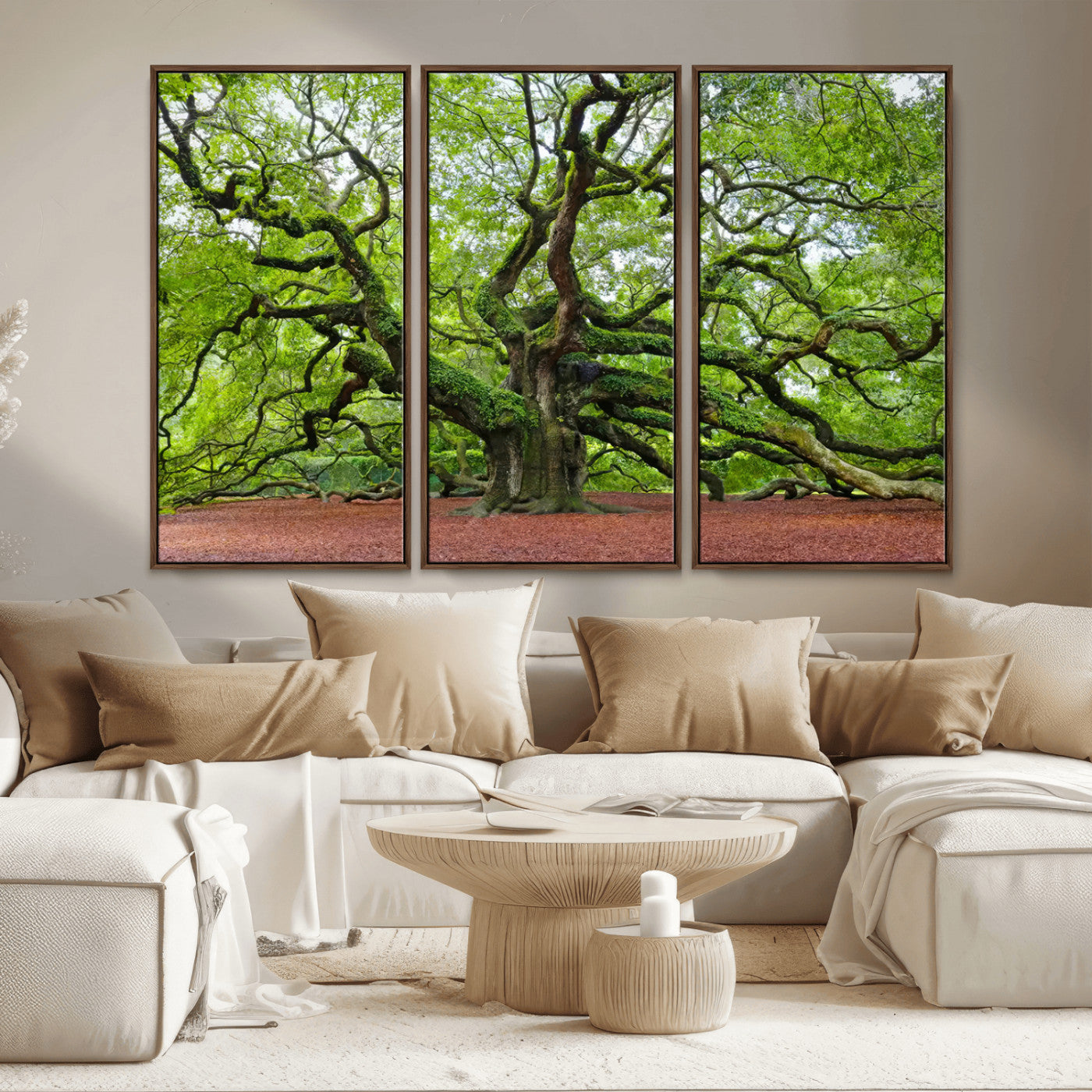 MGV-FC-48X32-3P - Framed Angel Oak Tree Wall Art - 3-Panel Canvas Prints, Large Green Nature Artwork, Ready to Hang