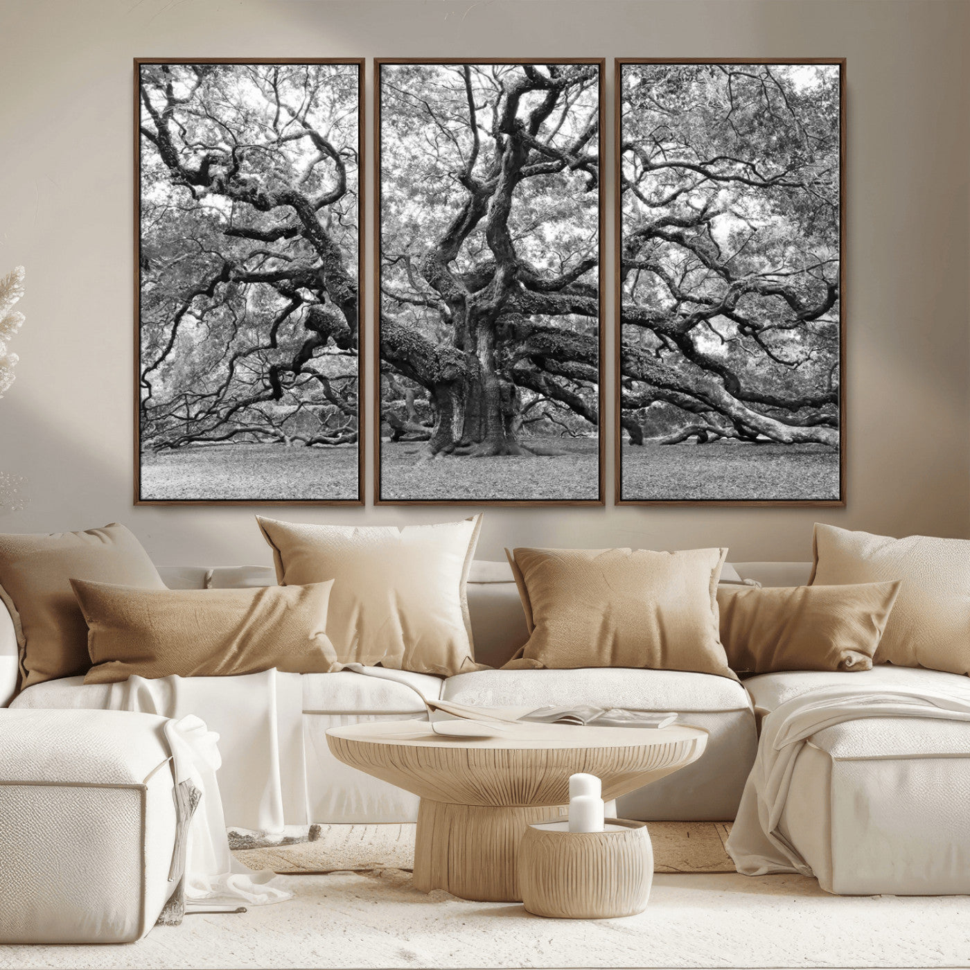 MGV-FC-48X32-3P - Black White Angel Oak Tree Wall Art - Timeless Nature-Inspired Canvas for Rustic, Modern, or