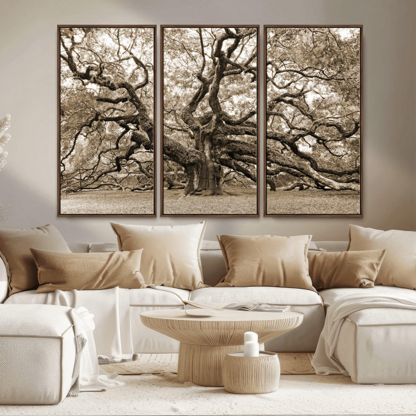 51126-MGV-CV-36X24-Sepia Framed Angel Oak Tree Wall Art - 3-Panel Canvas Prints, Large Green Nature Artwork, Ready to
