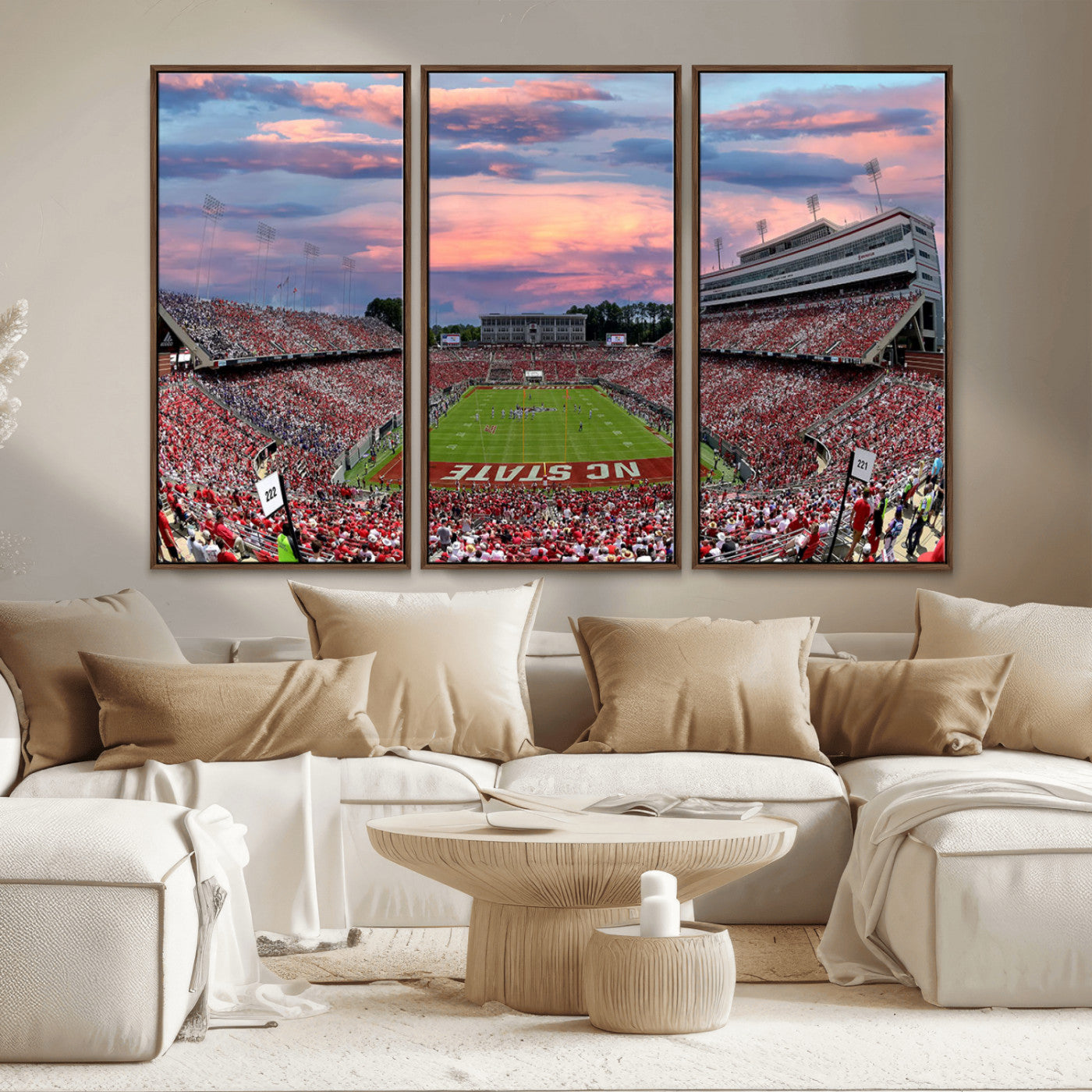 MGV-FC-48X32-3P - Carter-Finley Stadium Art Sunset Game Triple Canvas Wall Art - NC State Wolfpack Football Match
