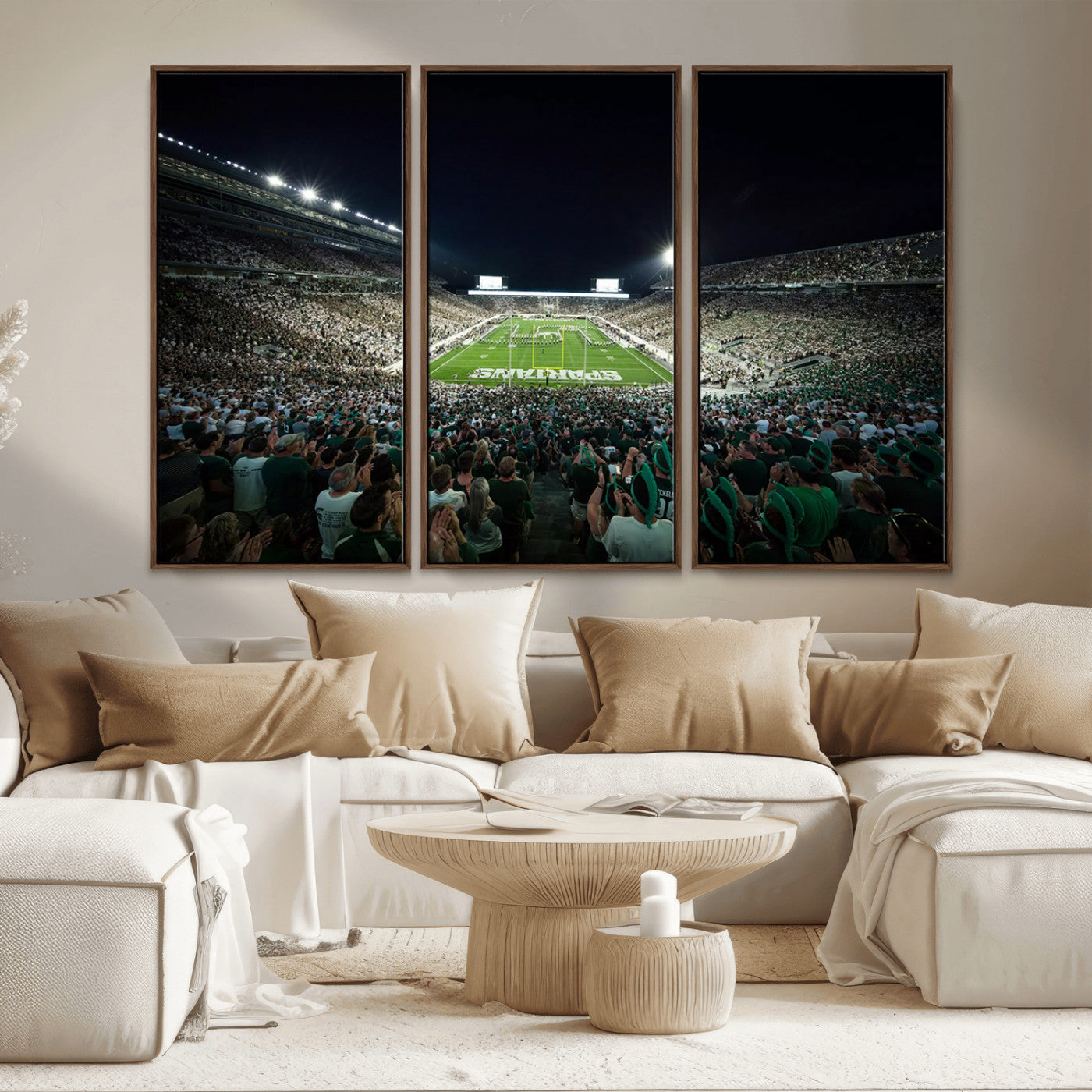 MGV-FC-48X32-3P - Framed Michigan State Spartans Football Team Print - East Lansing Spartan Stadium Wall Art Canvas