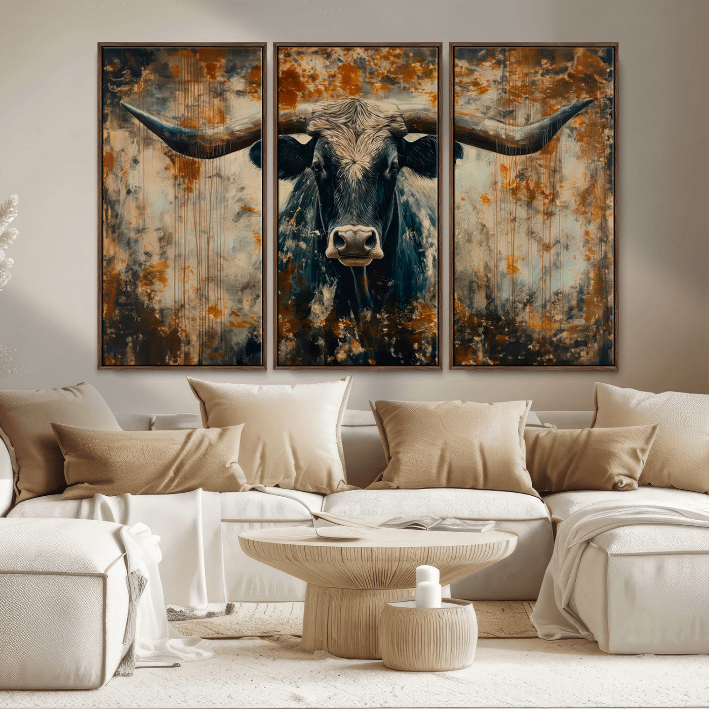 MGV-FC-48X32-3P - Abstract Longhorn Bull Wall Art | Rustic Western Wall Decor | Framed and Ready to Hang | Ideal for