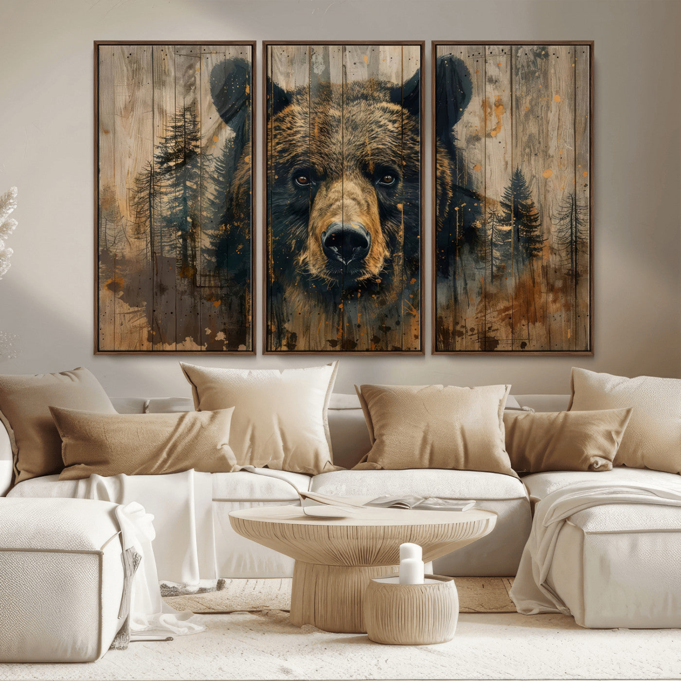 MGV-FC-48X32-3P - Abstract 399 Bear Wall Art | Rustic Cabin Wall Decor with Forest Design | Framed and Ready to Hang |