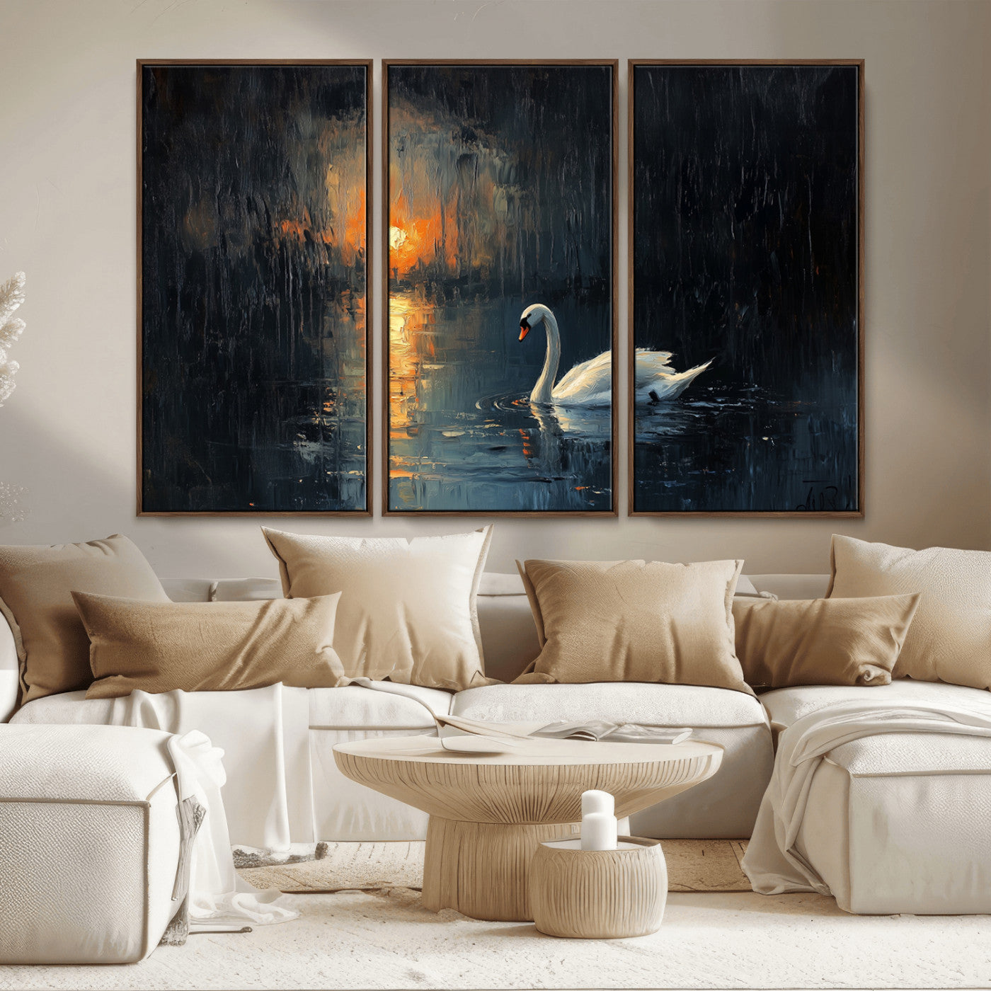 MGV-FC-48X32-3P - Abstract Swan on Water Wall Art Canvas Print - Elegant Nature Scene for Modern Home Decor
