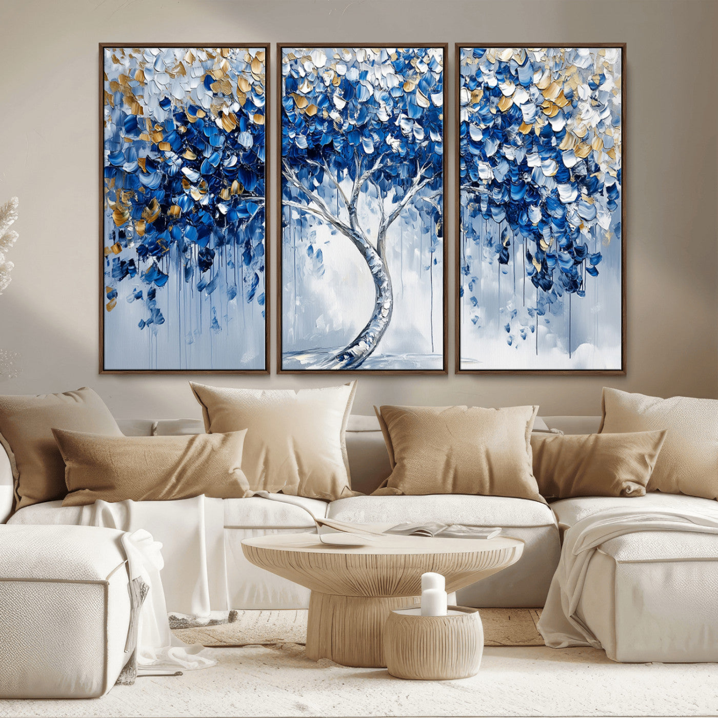 MGV-FC-48X32-3P - Blue and Gold Abstract Tree Wall Art Canvas Print | Modern Tree of Life Painting | Framed Canvas