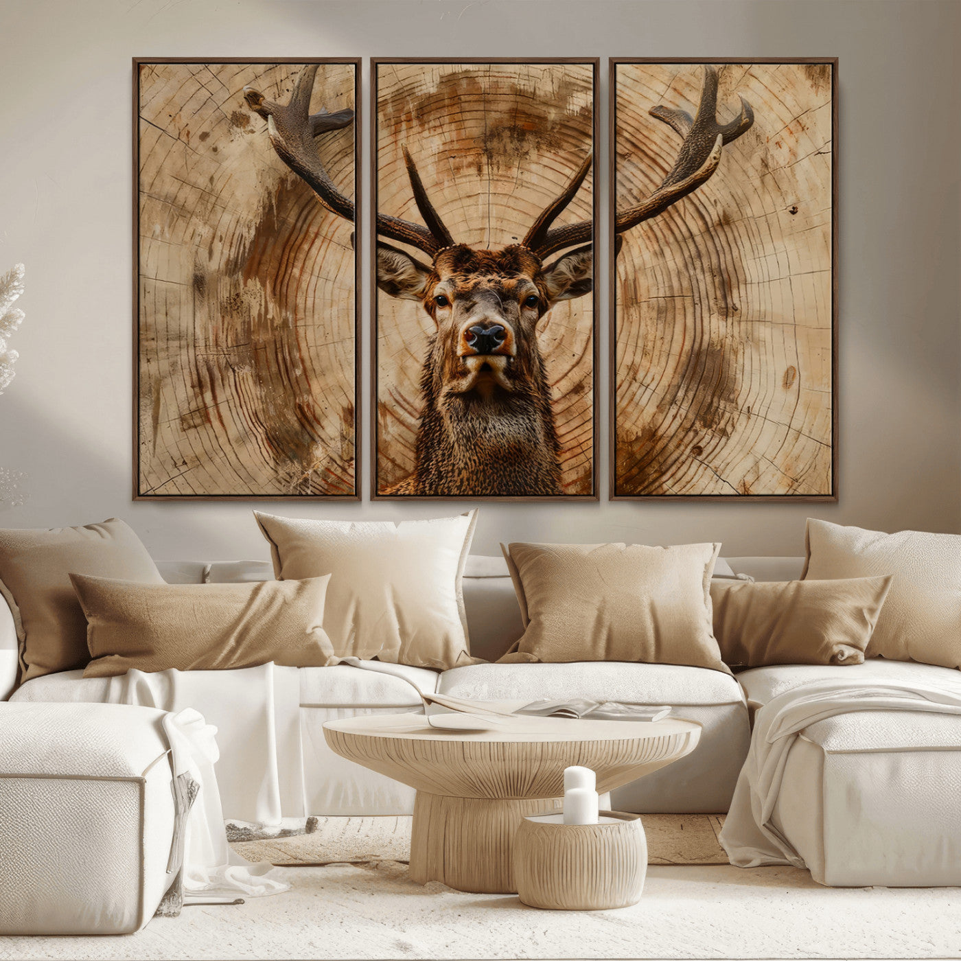 MGV-FC-48X32-3P - Wood Abstract Deer Wall Art | Rustic Wildlife Canvas Print | Ready to Hang Stag Head Triptych for