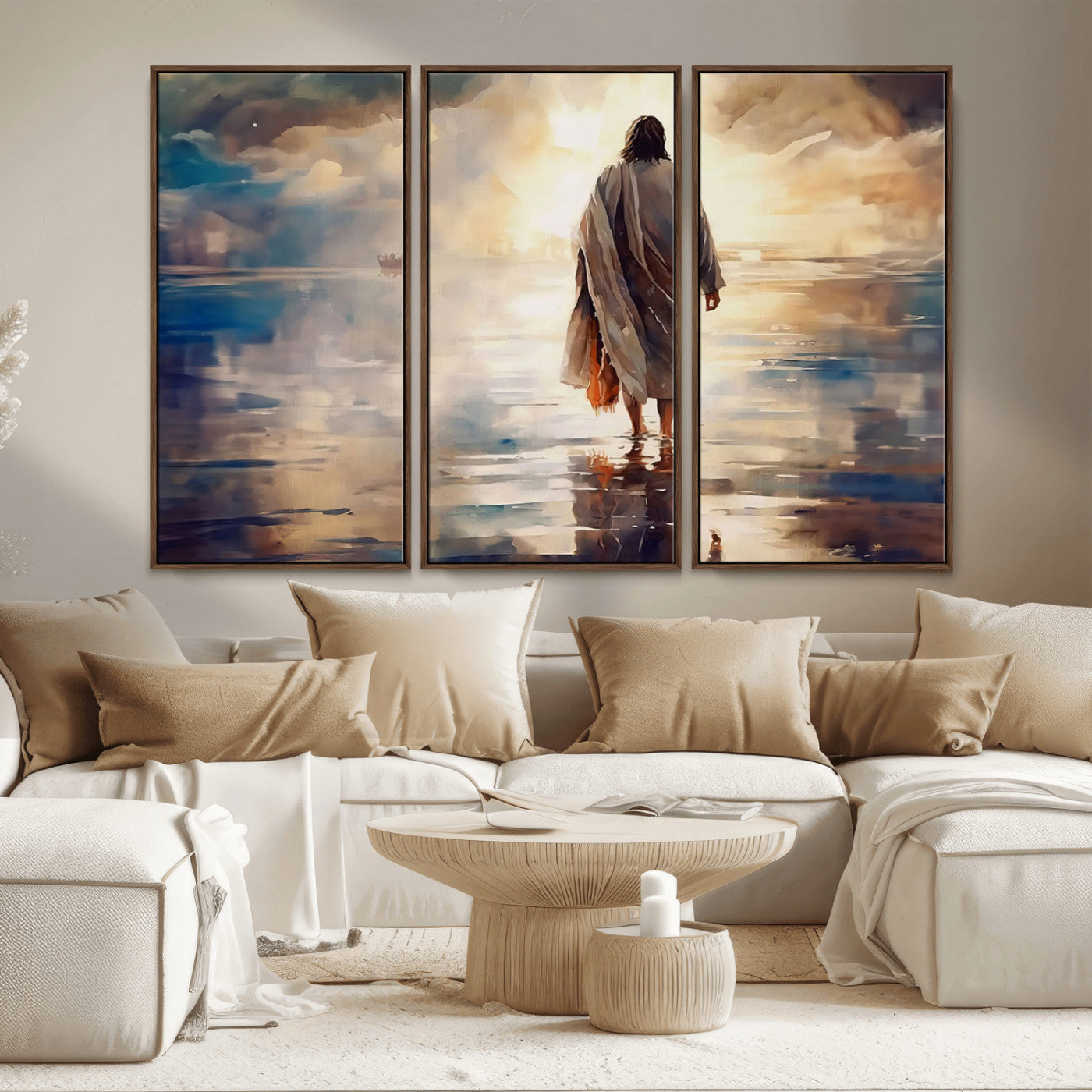 MGV-FC-48X32-3P - Jesus Walking on Water Wall Art | Ready to Hang Spiritual Triptych Canvas Print | Inspirational