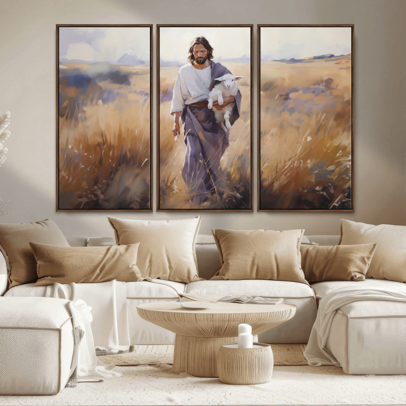 MGV-FC-48X32-3P - Jesus the Good Shepherd Wall Art Canvas Print - Lost Lamb Print for Prayer Room Decor