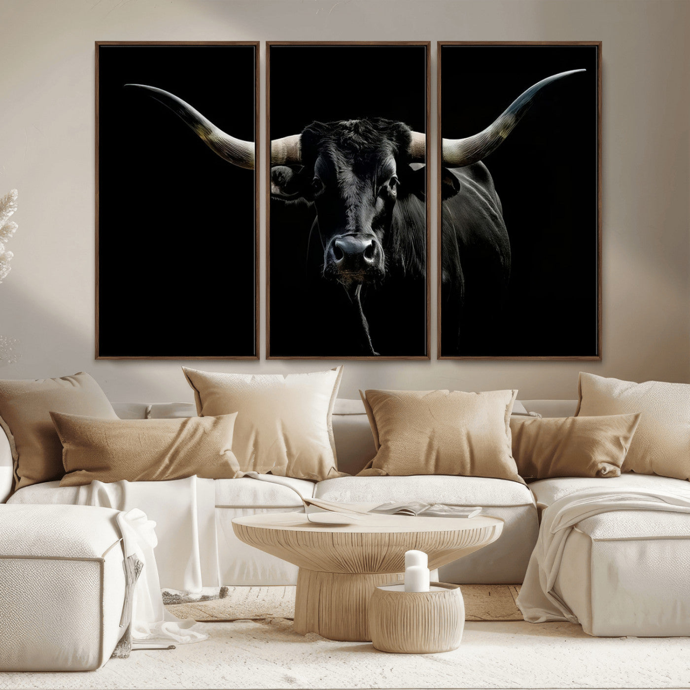 MGV-FC-48X32-3P - Texas Black Longhorn Bull Wall Art Canvas Print - Western Texas Cattle Rustic Decor Print - Longhorn
