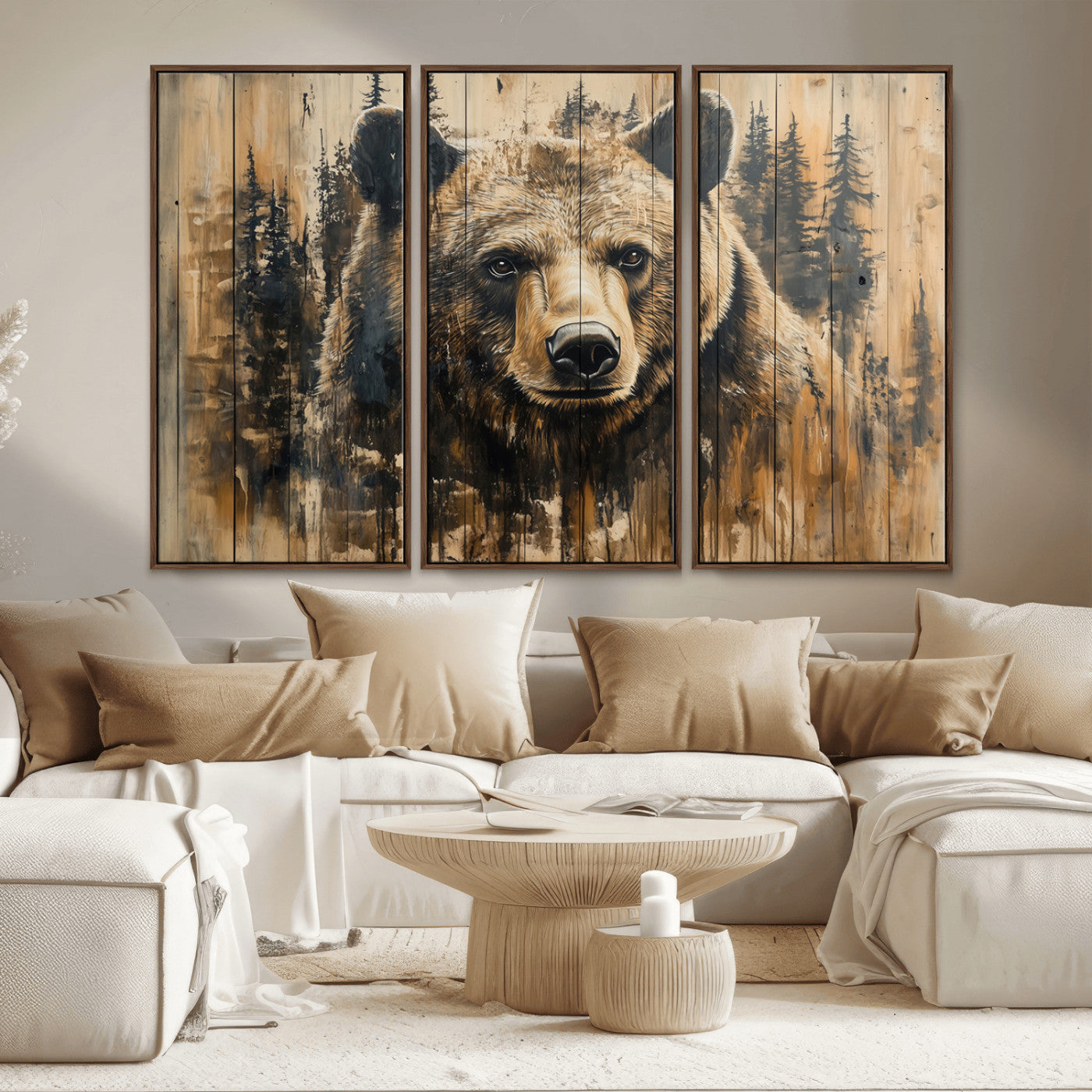 MGV-FC-48X32-3P - Majestic Grizzly 399 Bear Wall Art | 3-Panel Rustic Canvas Print for Living Room, Office, or Cabin